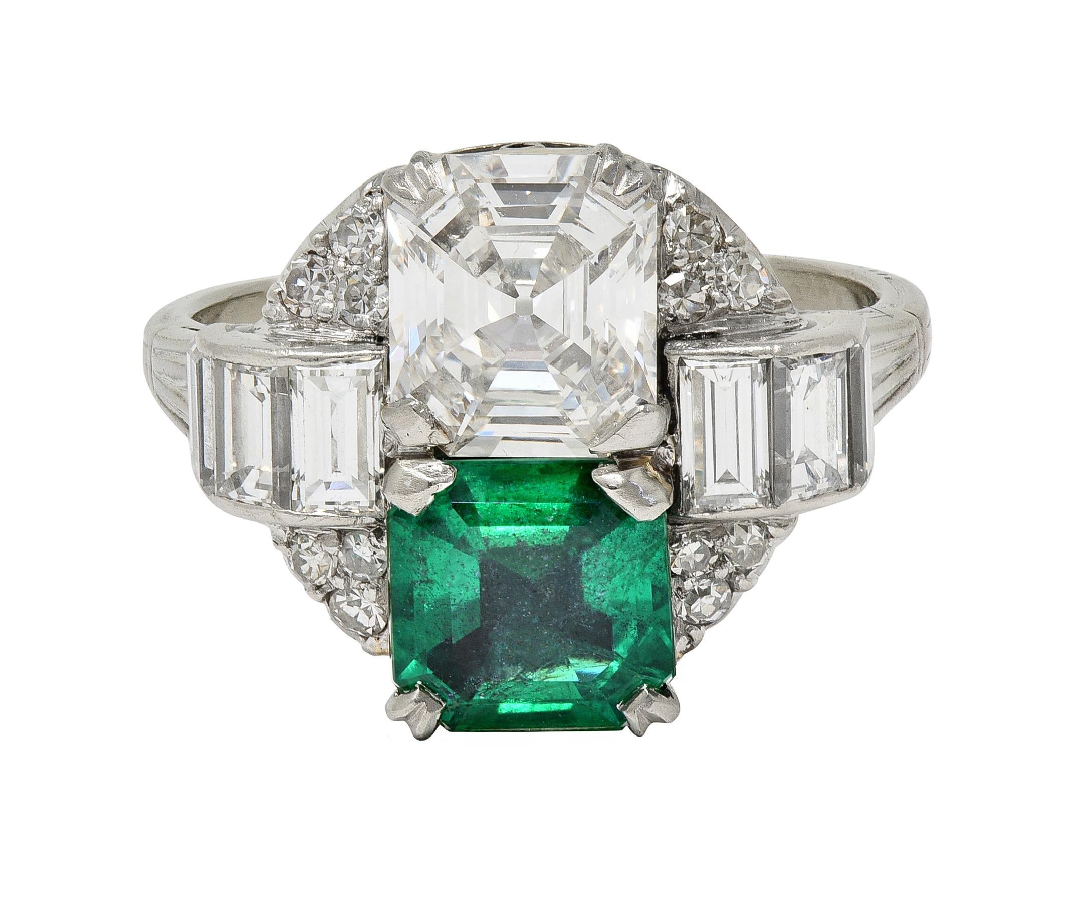 Mid-Century 4.00 CTW Asscher Cut Diamond Emerald 14 Karat White Vintage Ring