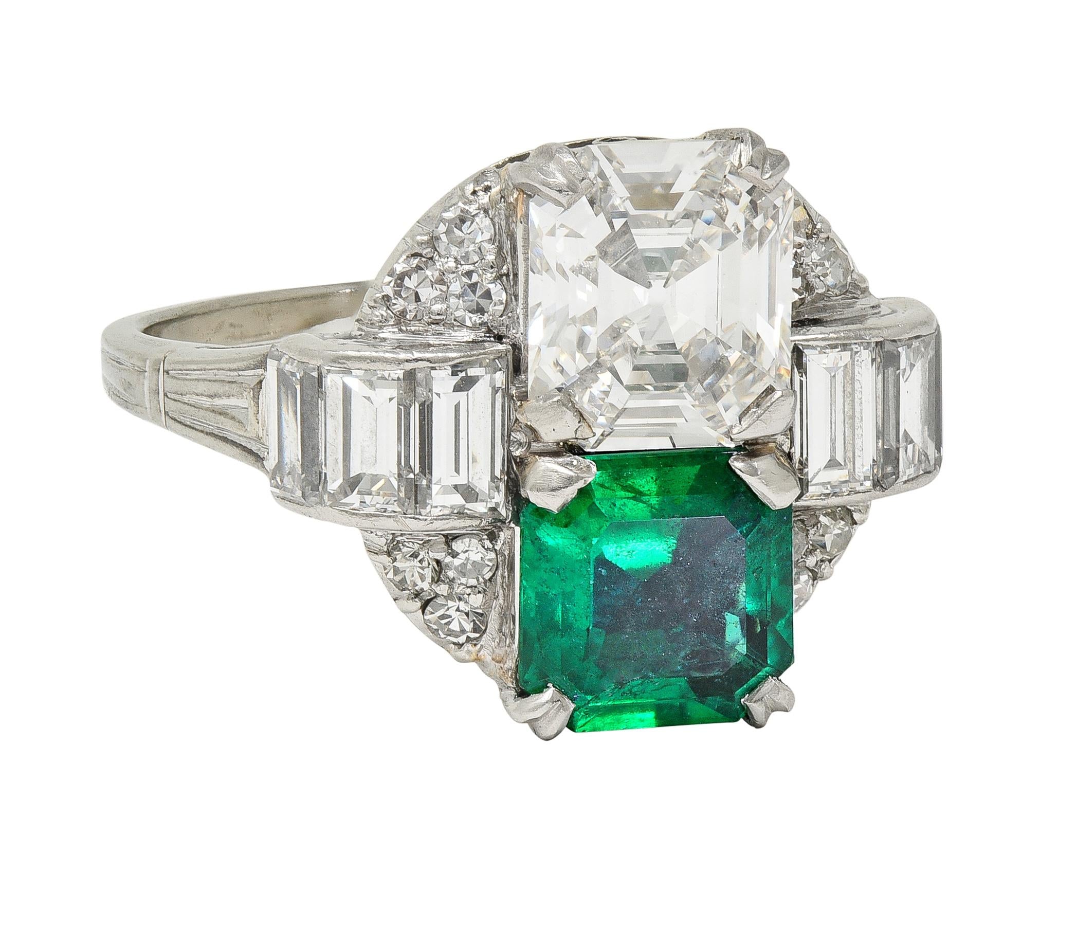 Mid-Century 4.00 CTW Asscher Cut Diamond Emerald 14 Karat White Vintage Ring