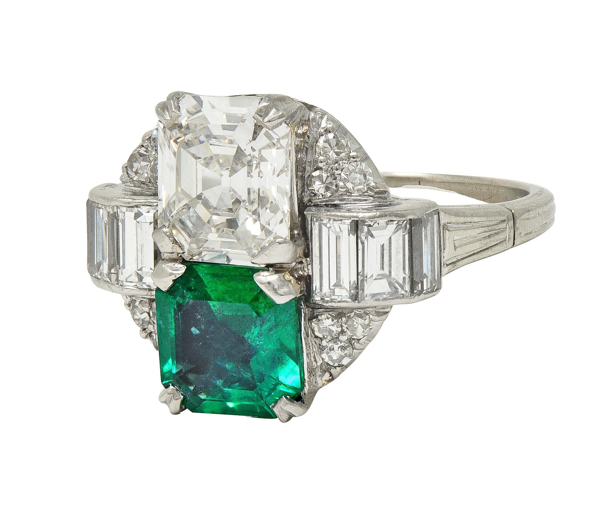 Mid-Century 4.00 CTW Asscher Cut Diamond Emerald 14 Karat White Vintage Ring