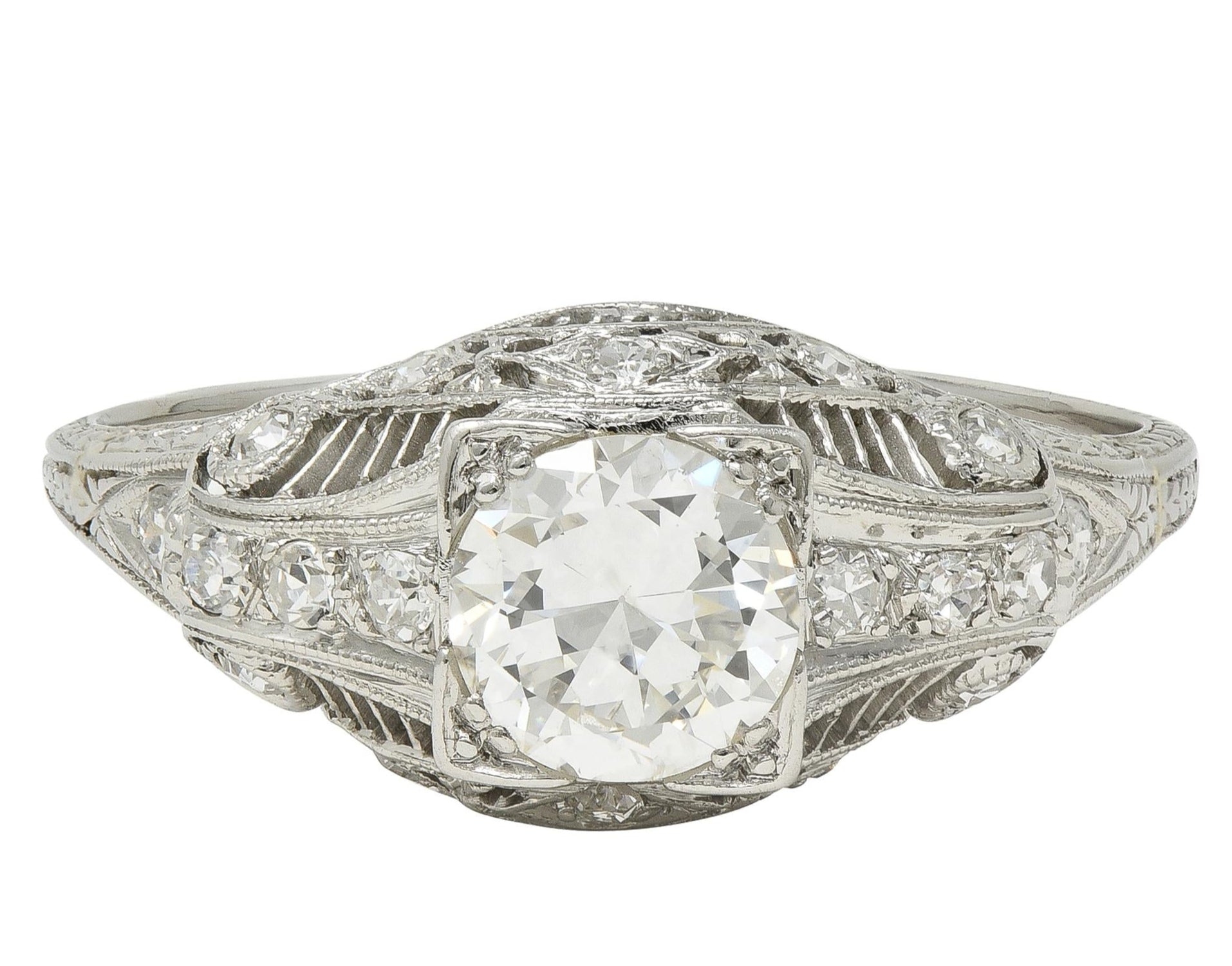 Art Deco Old European Cut Diamond Platinum Vintage Bombé Wheat Engagement Ring