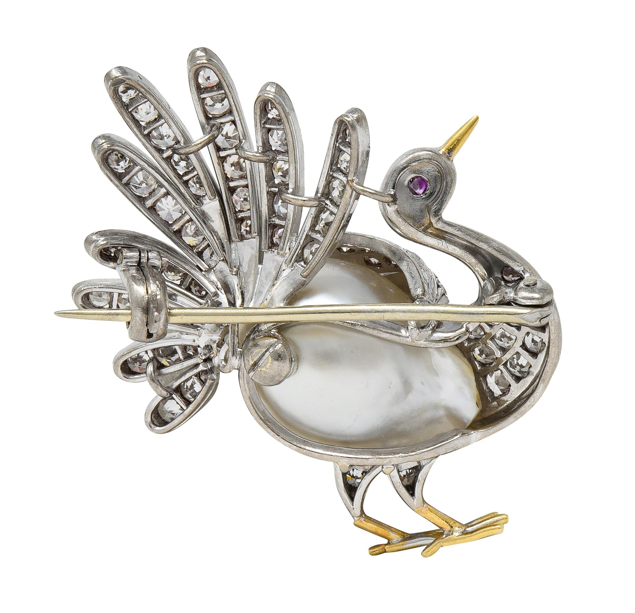 French Pearl Diamond 18 Karat Two-Tone Gold Vintage Turkey Brooch