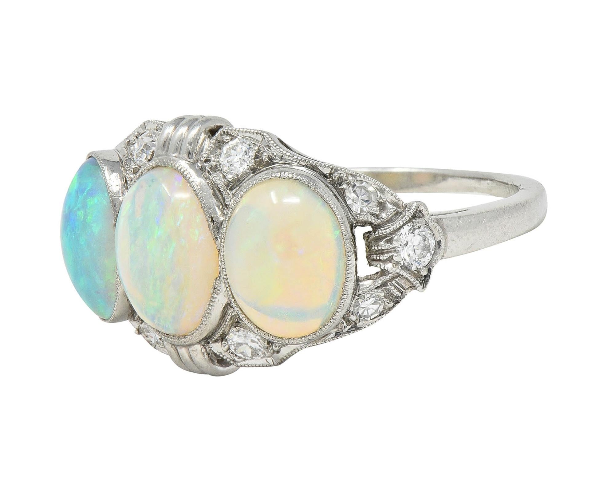 Late Art Deco Opal Cabochon Diamond Platinum Vintage Dinner Band Ring