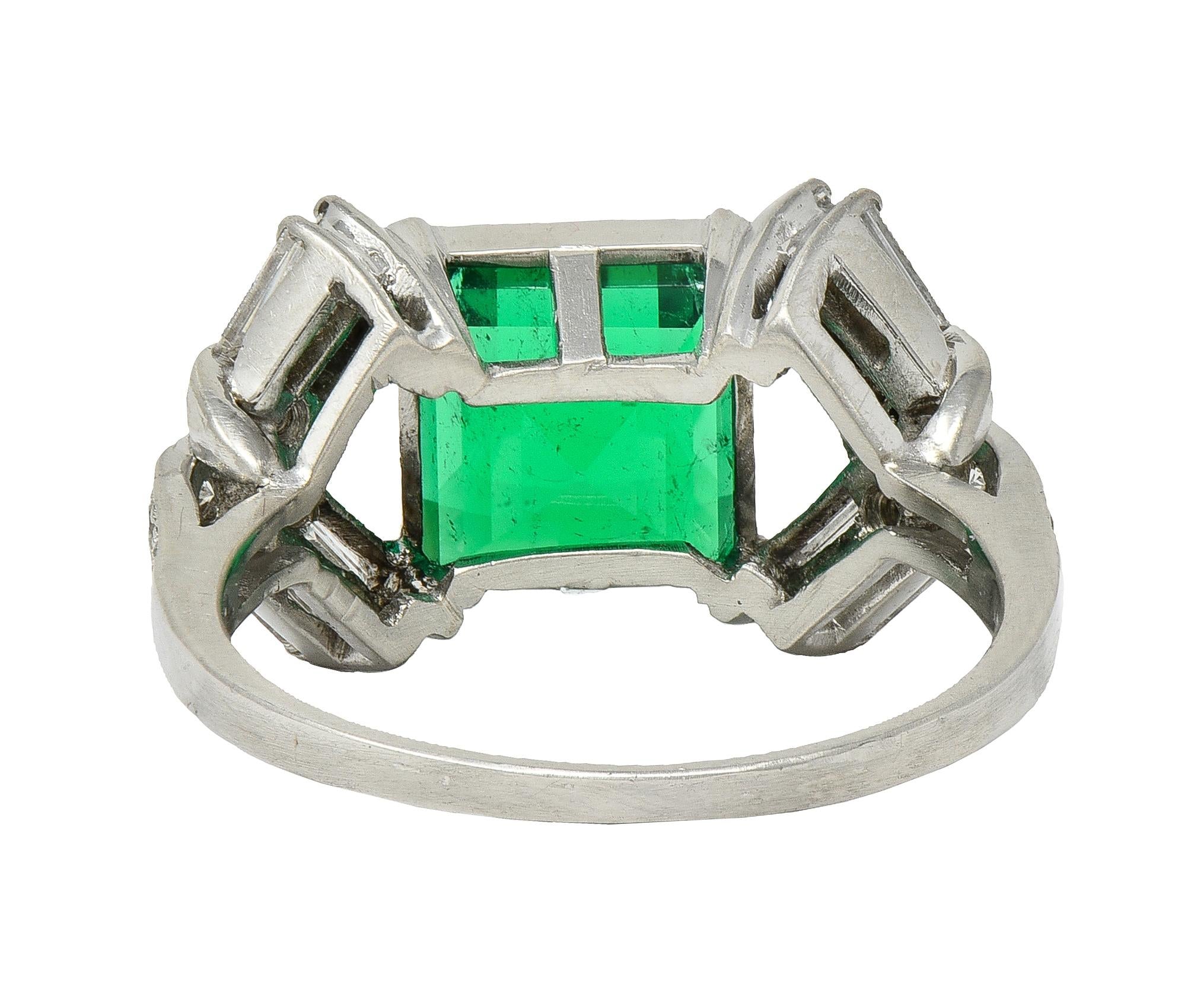 Mid-Century Colombian Emerald Diamond Platinum Vintage Buckle Cocktail Ring AGL