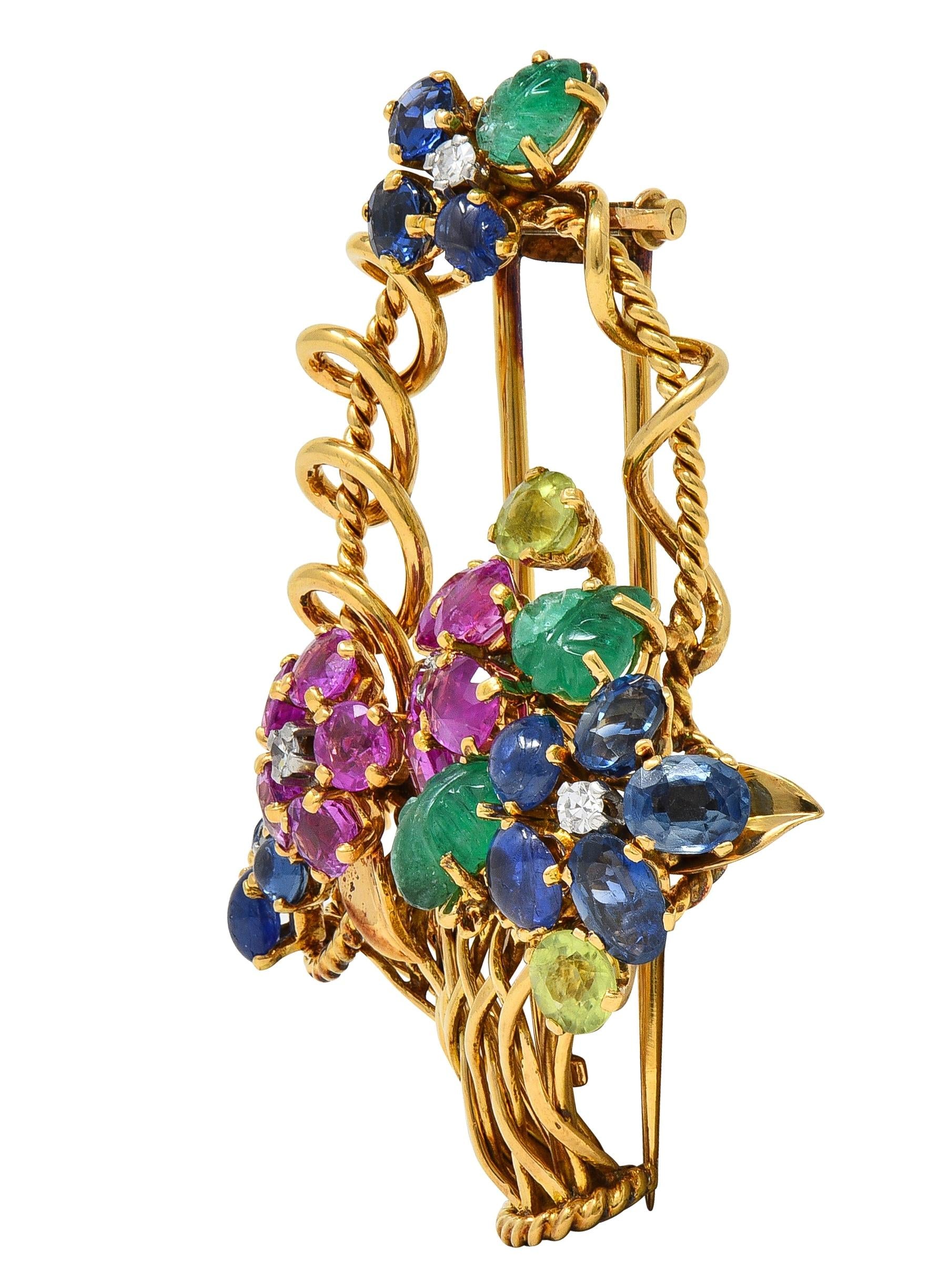 Mauboussin Paris 1950's Multi-Gem 18K Gold Vintage Giardinetto Floral Brooch