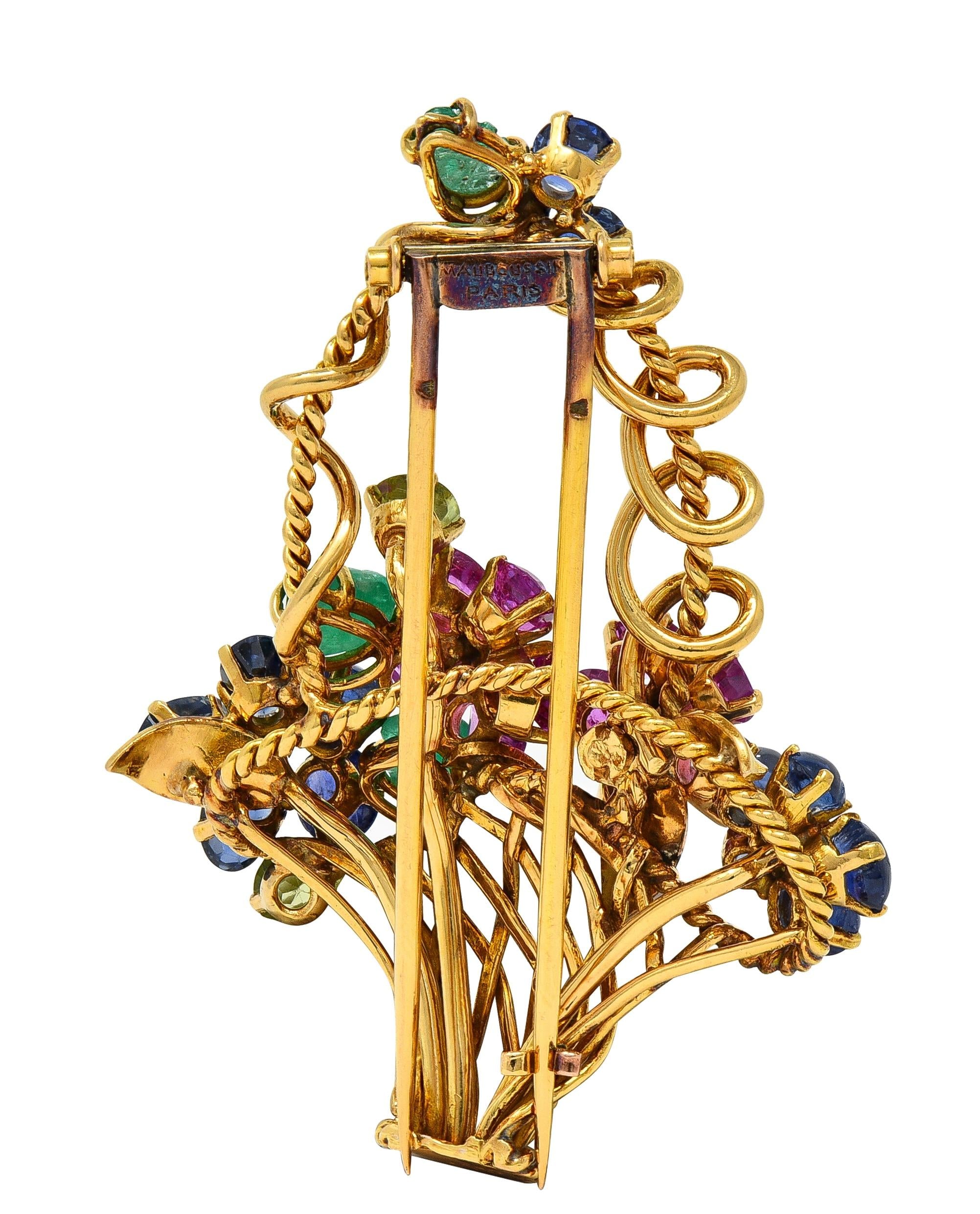 Mauboussin Paris 1950's Multi-Gem 18K Gold Vintage Giardinetto Floral Brooch