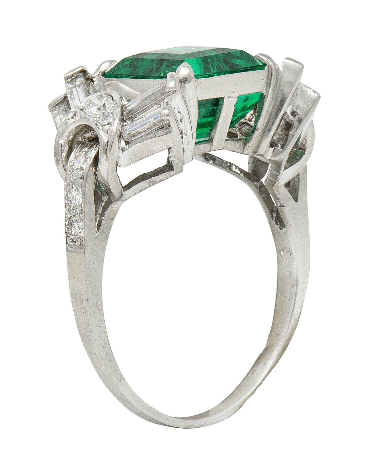 Mid-Century Colombian Emerald Diamond Platinum Vintage Buckle Cocktail Ring AGL