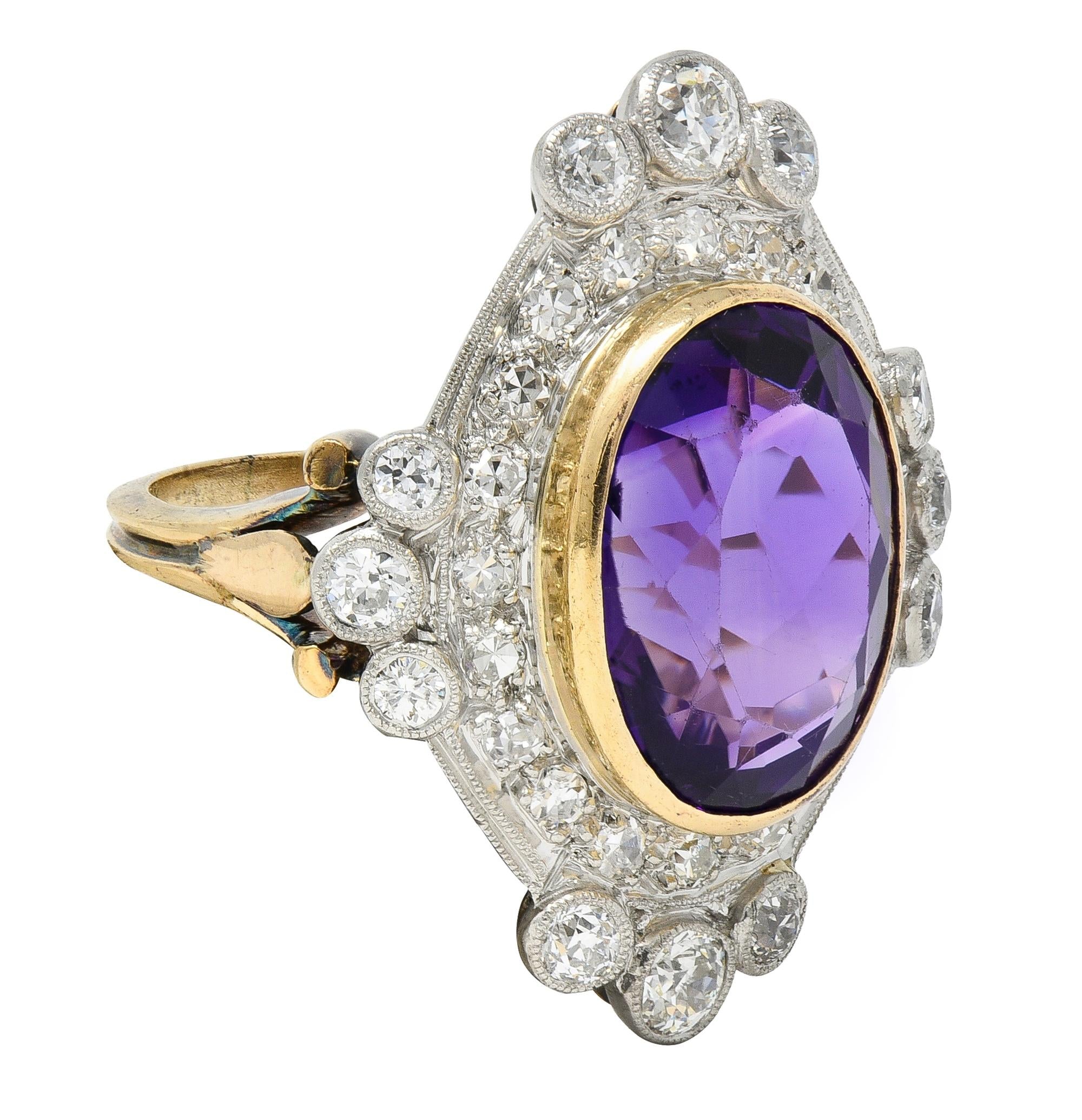 Edwardian 8.15 CTW Amethyst Diamond Platinum 14K Gold Antique Fleur-De-Lis Ring