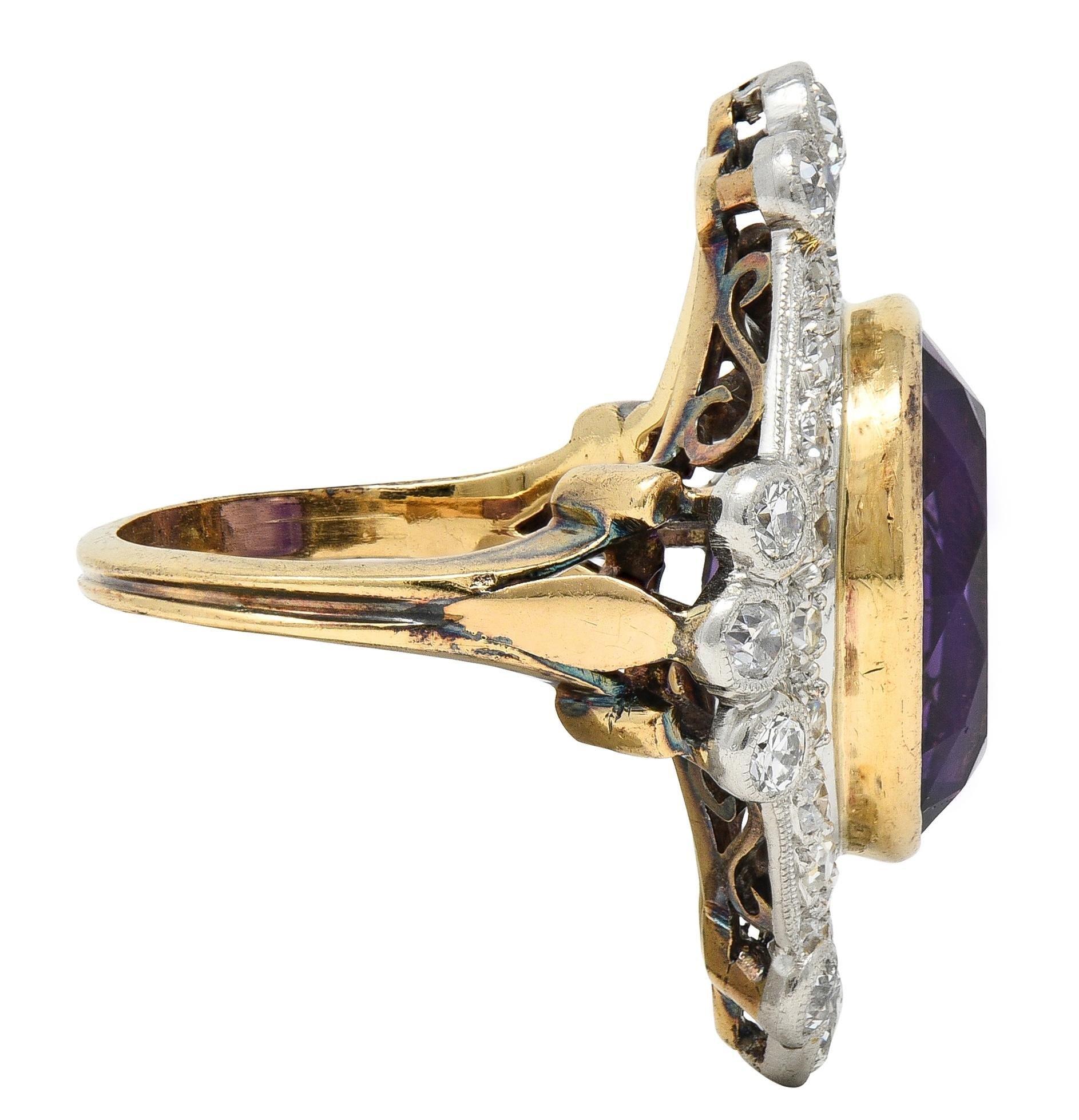 Edwardian 8.15 CTW Amethyst Diamond Platinum 14K Gold Antique Fleur-De-Lis Ring