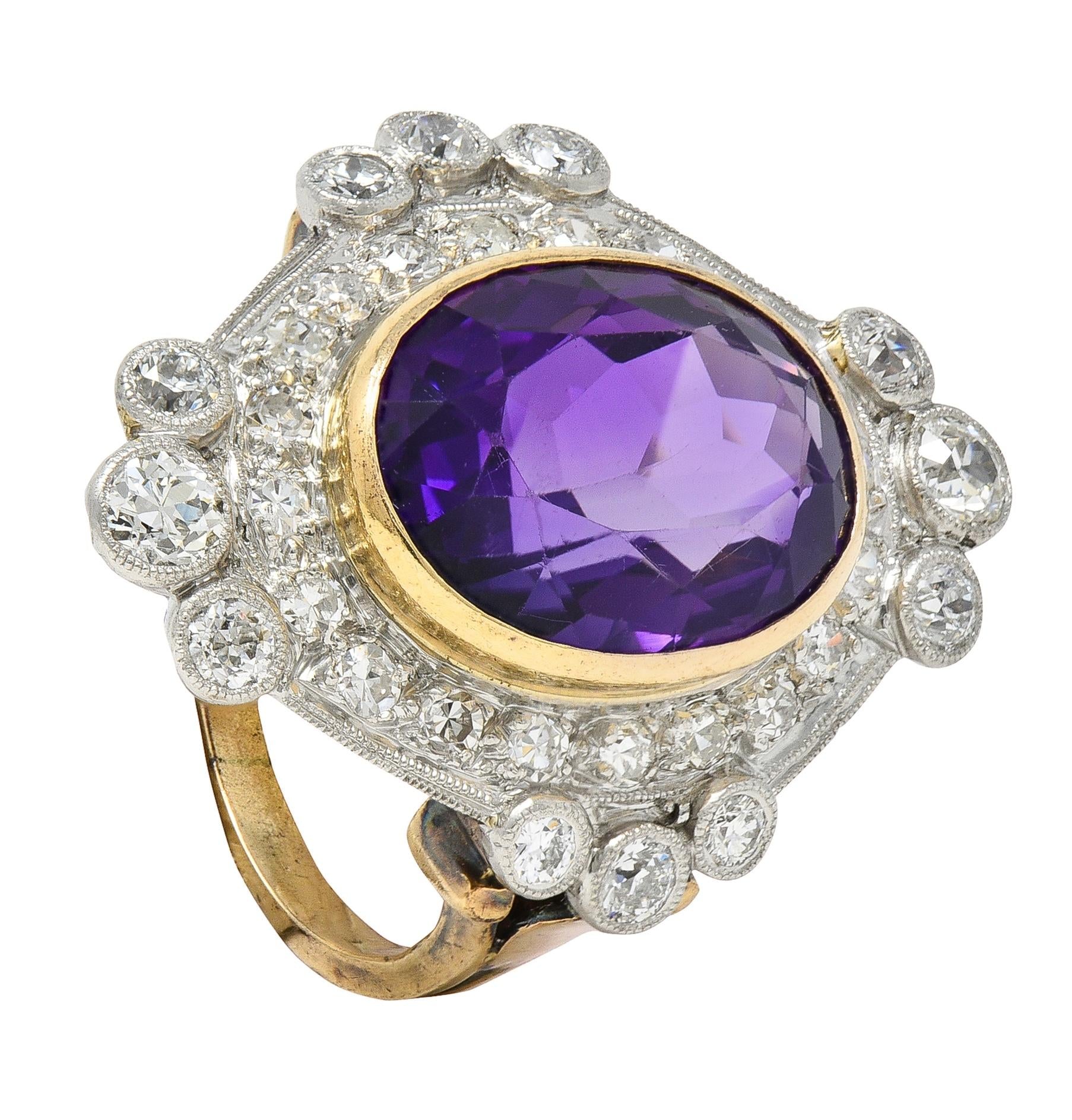 Edwardian 8.15 CTW Amethyst Diamond Platinum 14K Gold Antique Fleur-De-Lis Ring