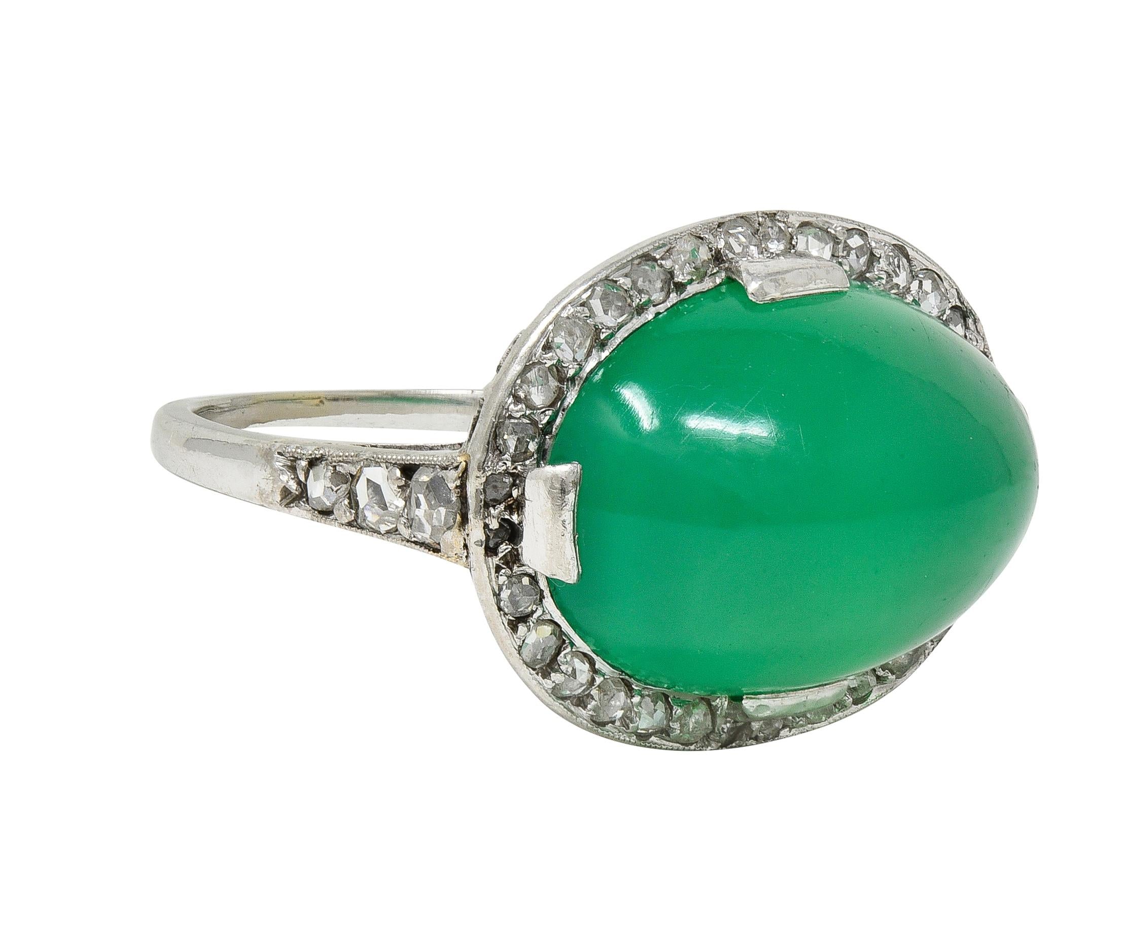 Art Deco Chrysoprase Diamond Platinum Vintage Scrolling Halo Ring