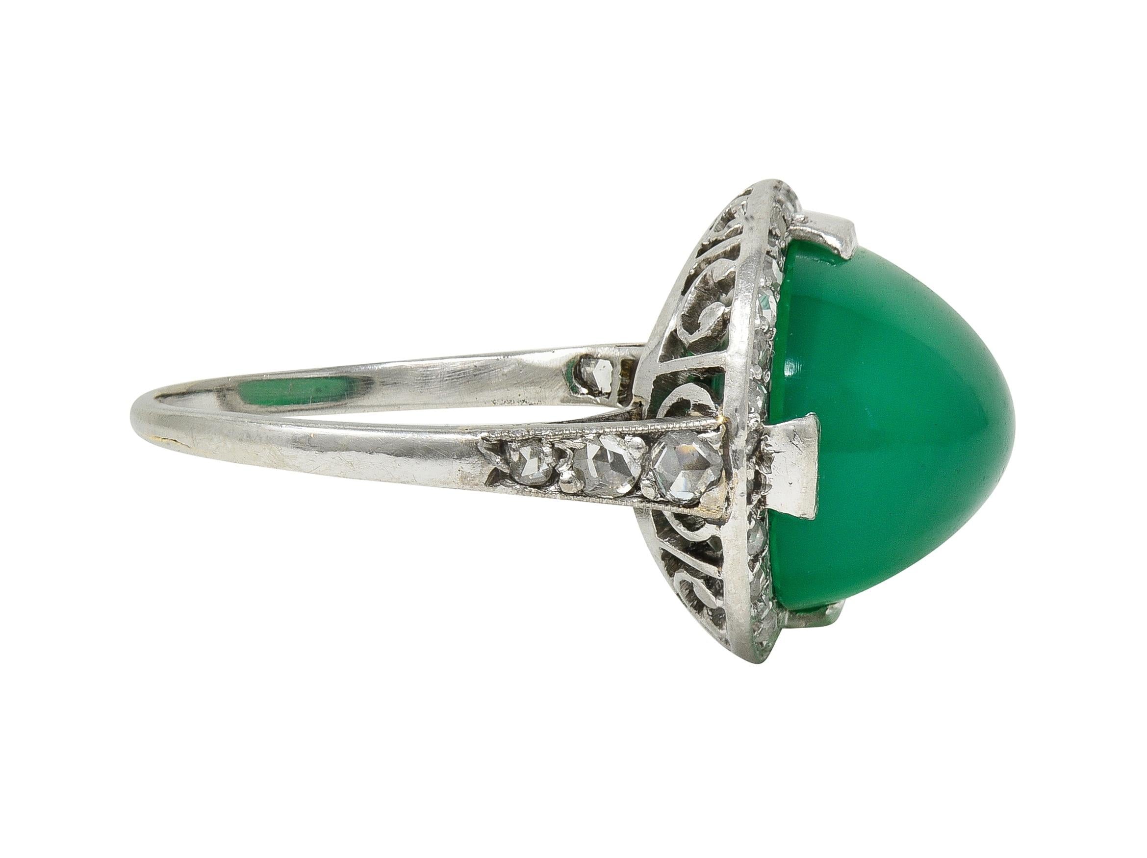 Art Deco Chrysoprase Diamond Platinum Vintage Scrolling Halo Ring