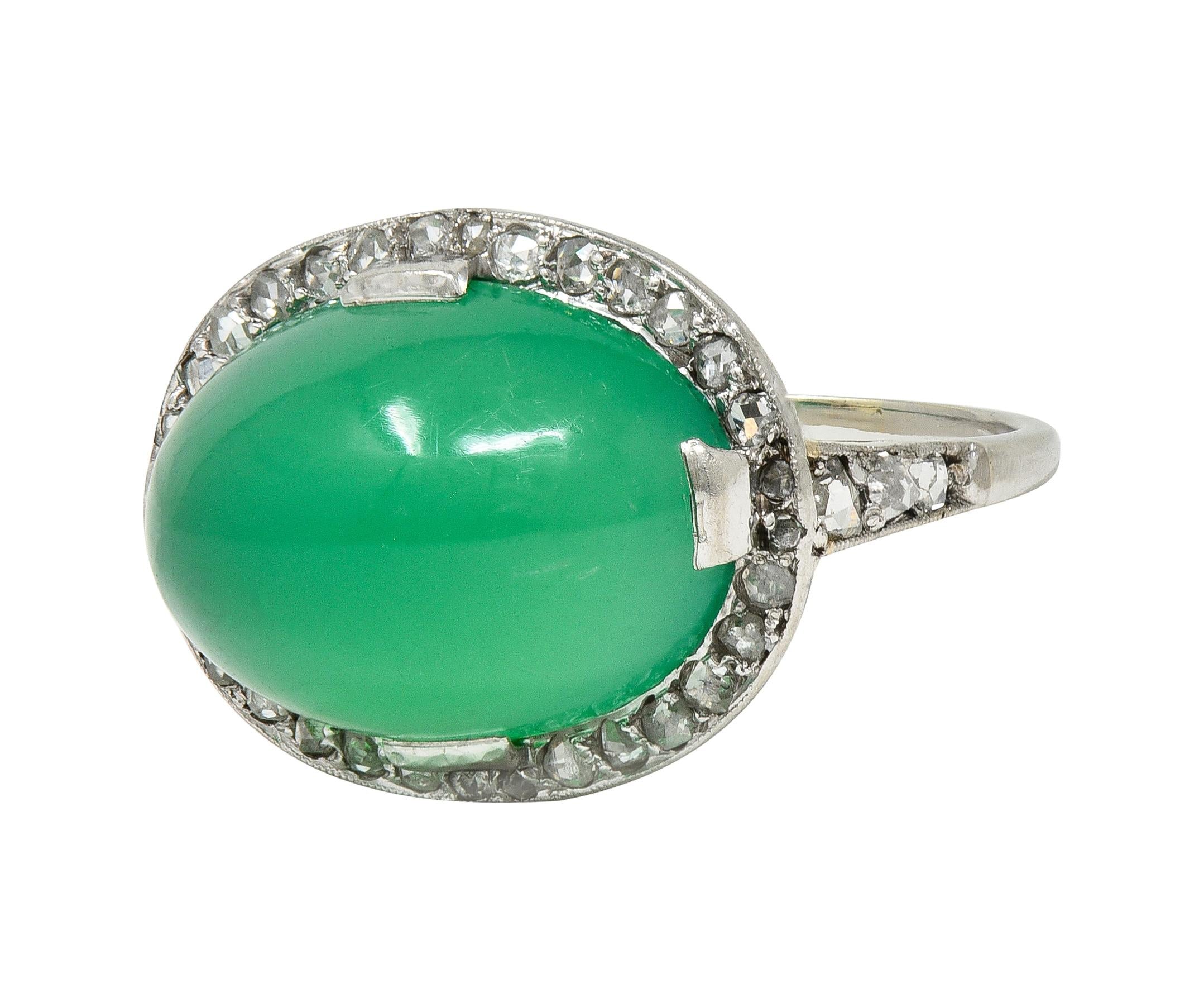 Art Deco Chrysoprase Diamond Platinum Vintage Scrolling Halo Ring