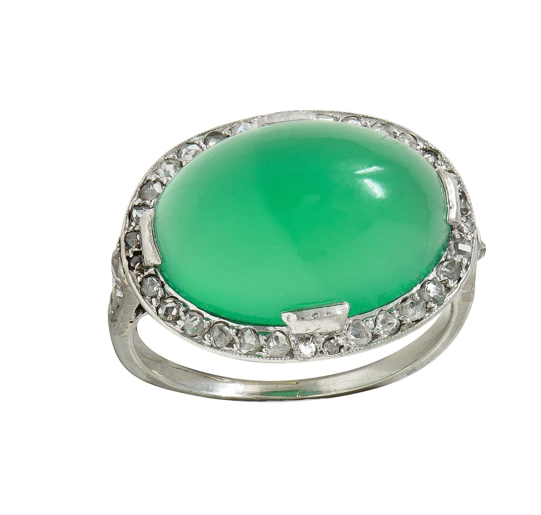 Art Deco Chrysoprase Diamond Platinum Vintage Scrolling Halo Ring
