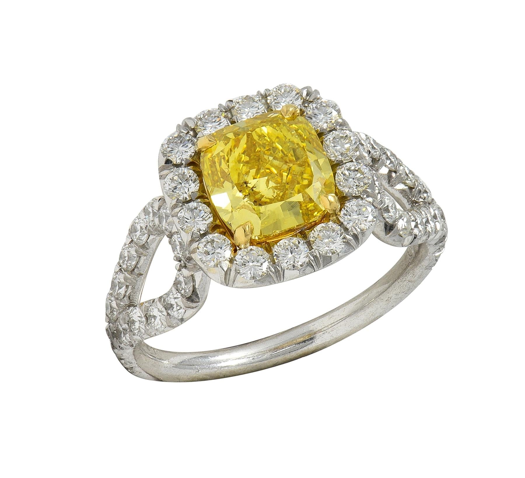 2.79 CTW Fancy Yellow Diamond Platinum 18K Gold Halo Engagement Ring GIA