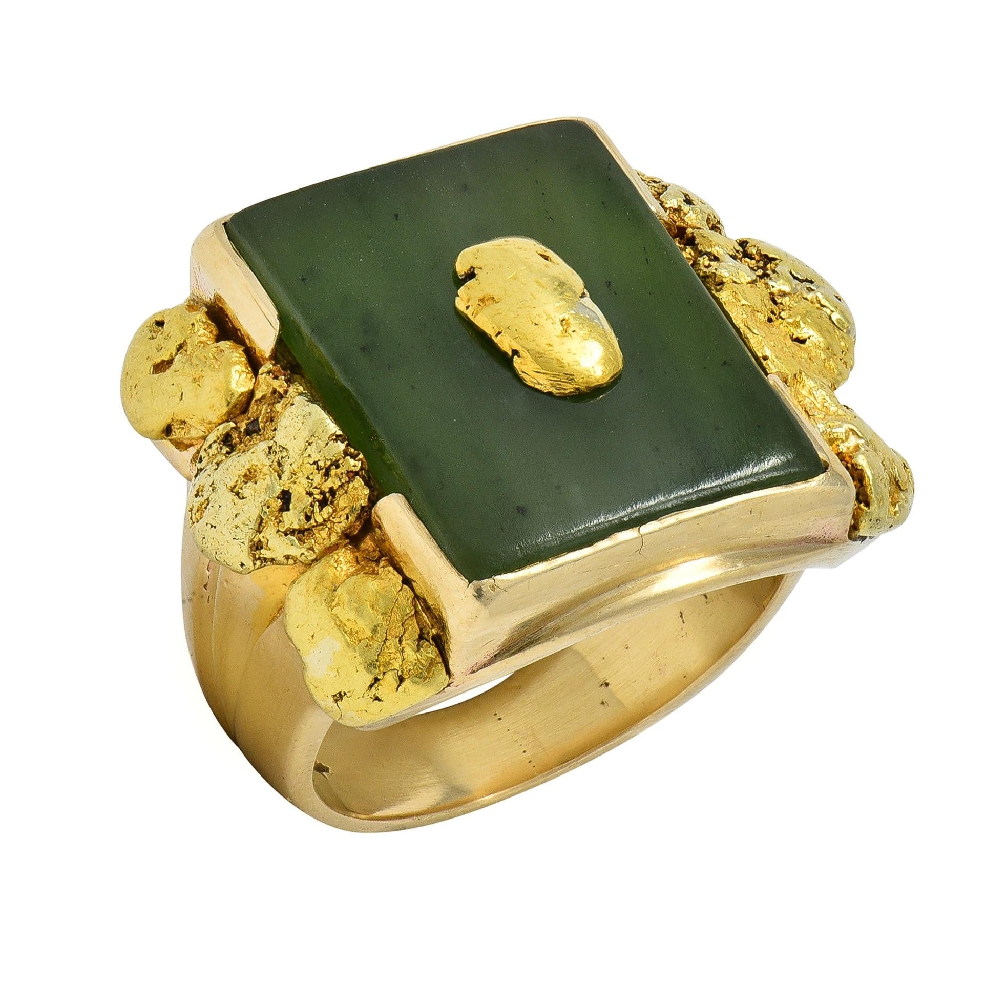 1960's Nephrite Jade 10 Karat Yellow Gold Vintage Nugget Signet Ring