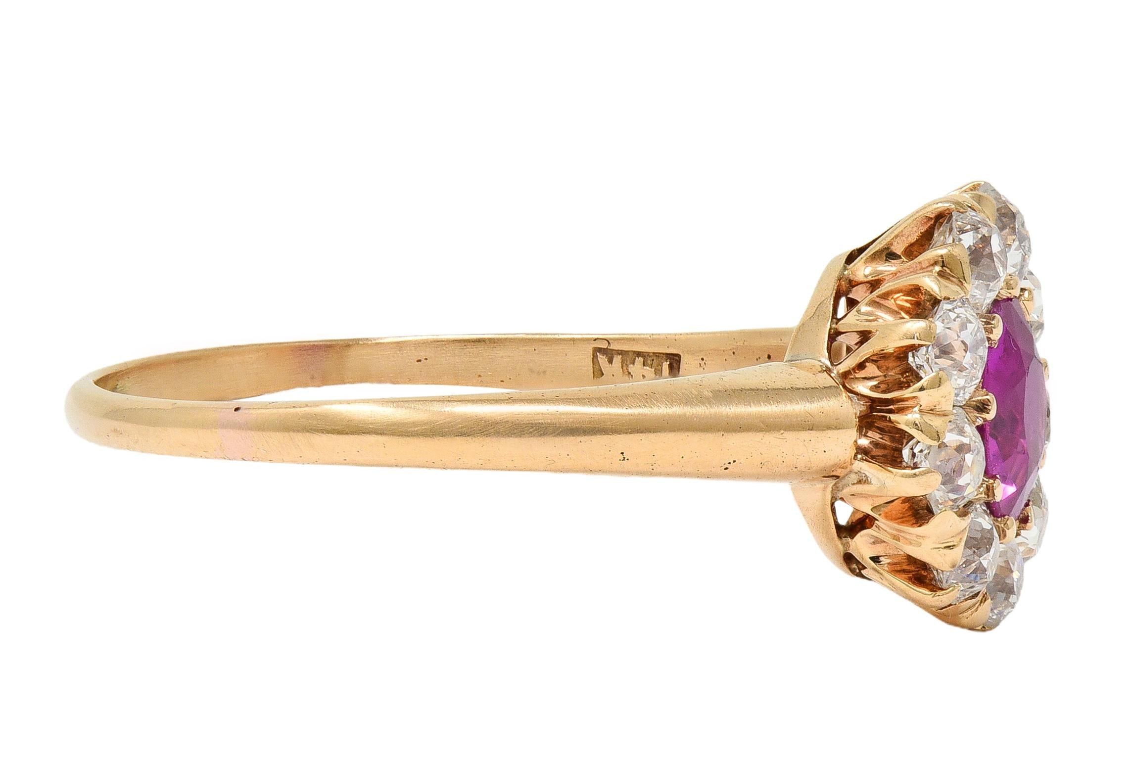 Victorian No Heat Burma Pink Sapphire Diamond 14K Gold Antique Halo Ring GIA