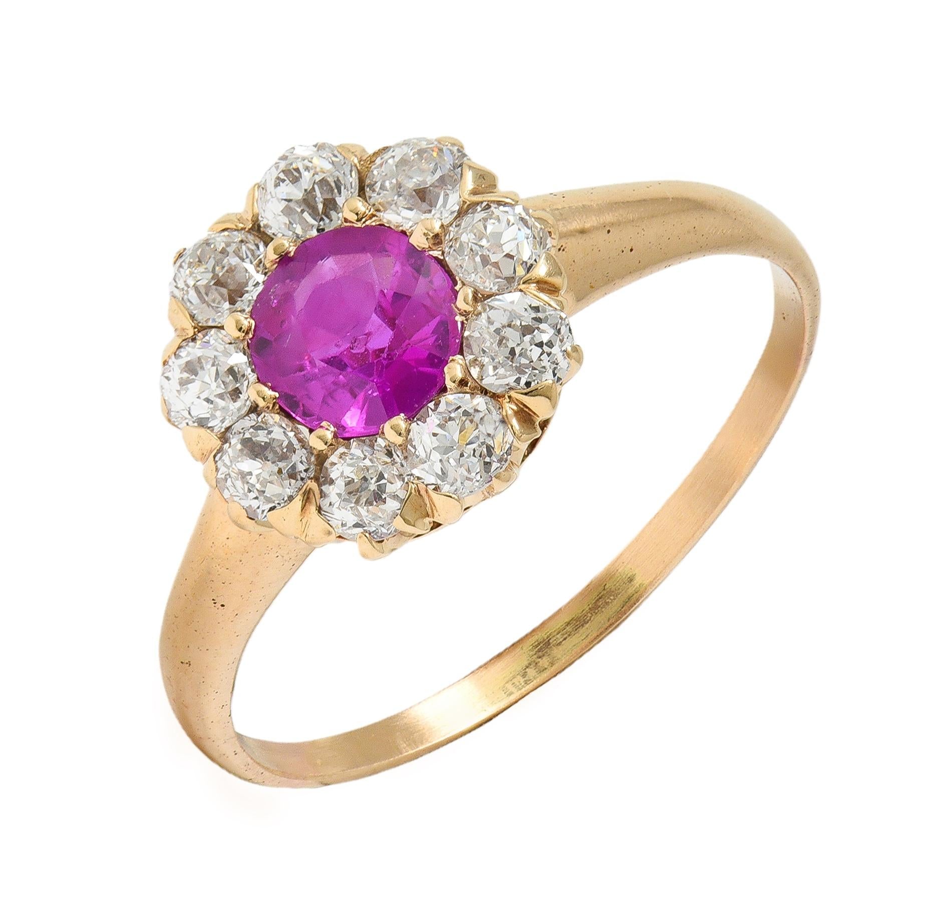 Victorian No Heat Burma Pink Sapphire Diamond 14K Gold Antique Halo Ring GIA