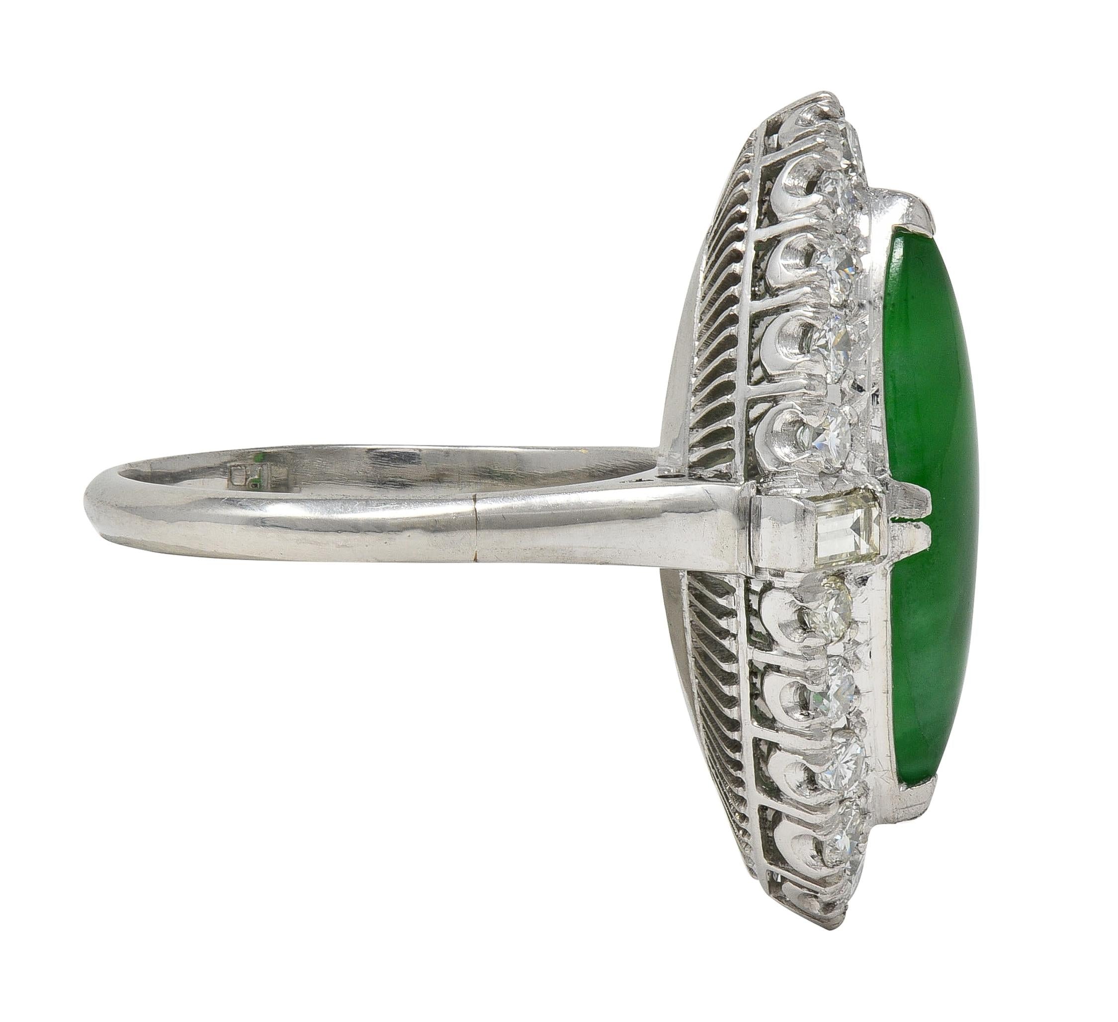 Mid-Century Jade Diamond Platinum Vintage Navette Halo Ring