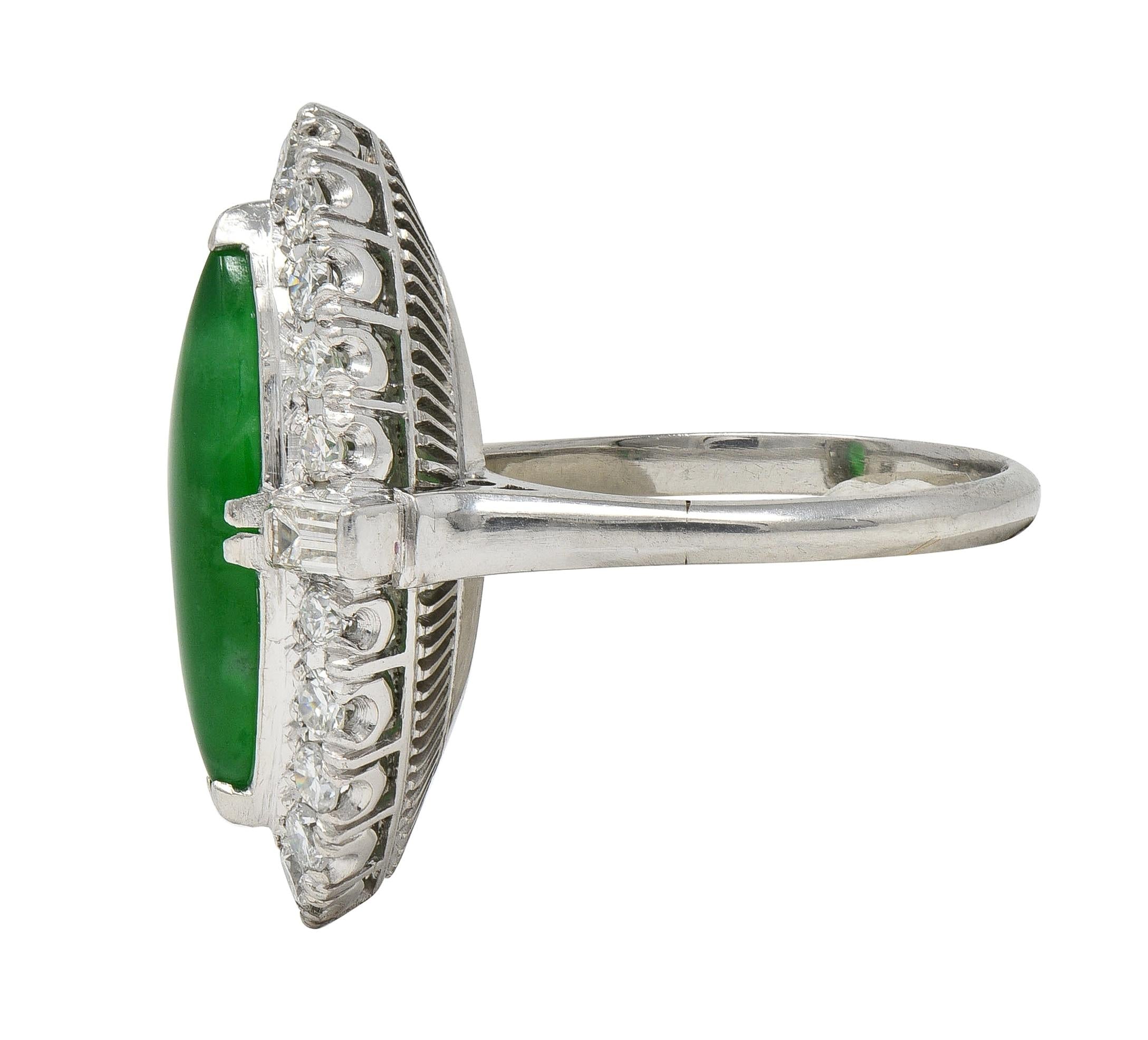 Mid-Century Jade Diamond Platinum Vintage Navette Halo Ring
