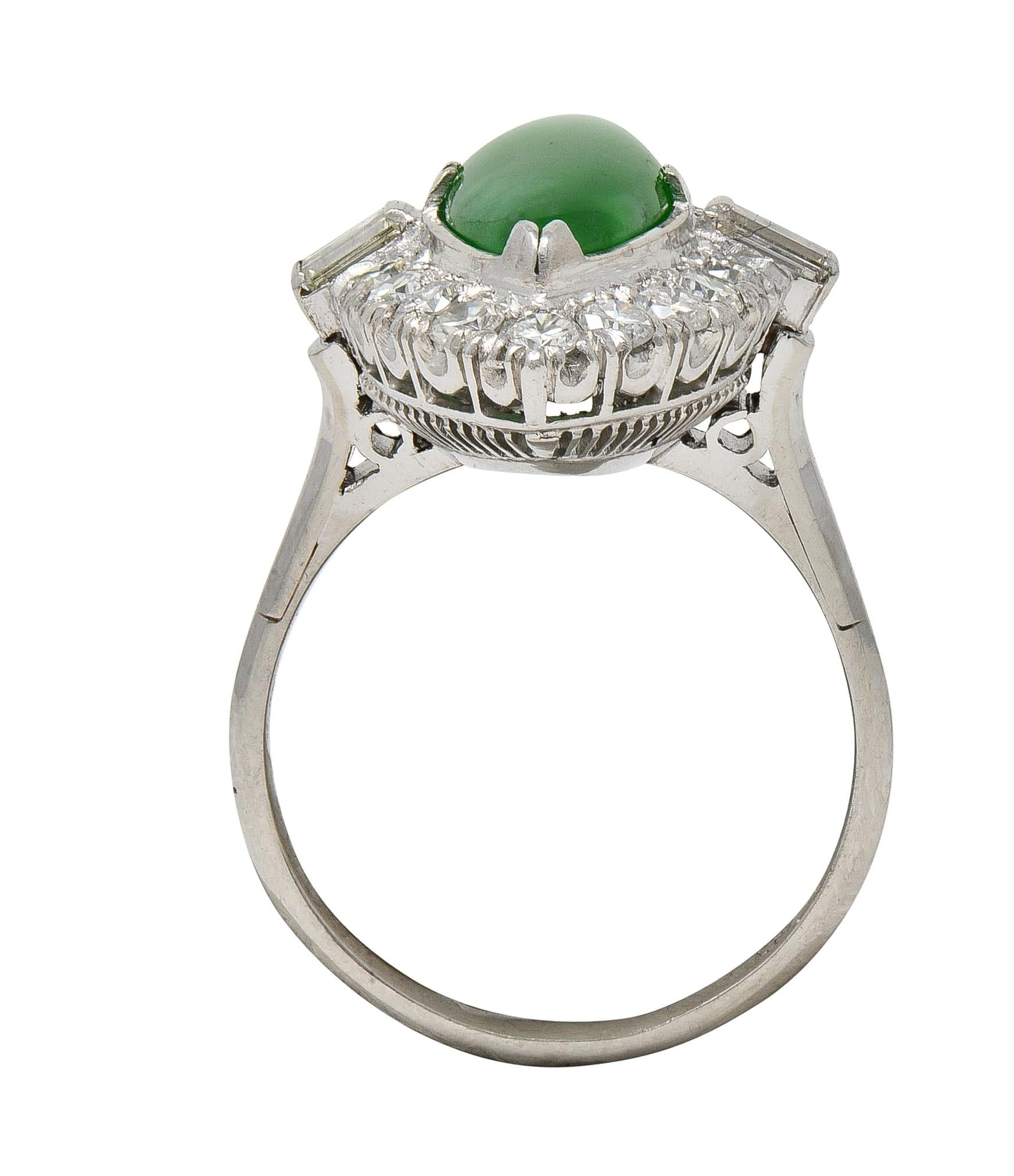 Mid-Century Jade Diamond Platinum Vintage Navette Halo Ring