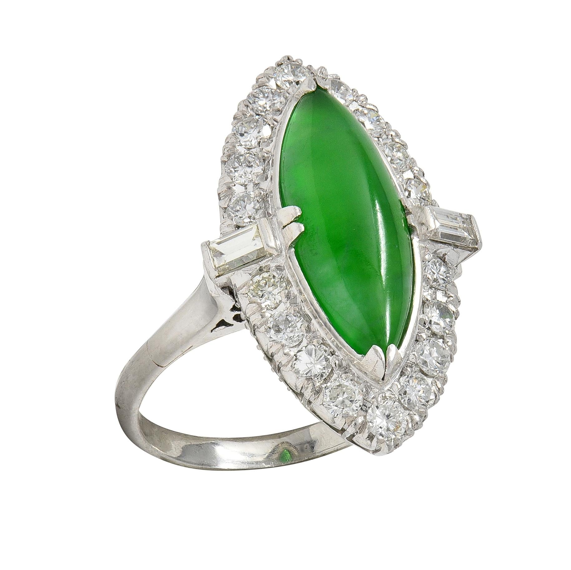 Mid-Century Jade Diamond Platinum Vintage Navette Halo Ring