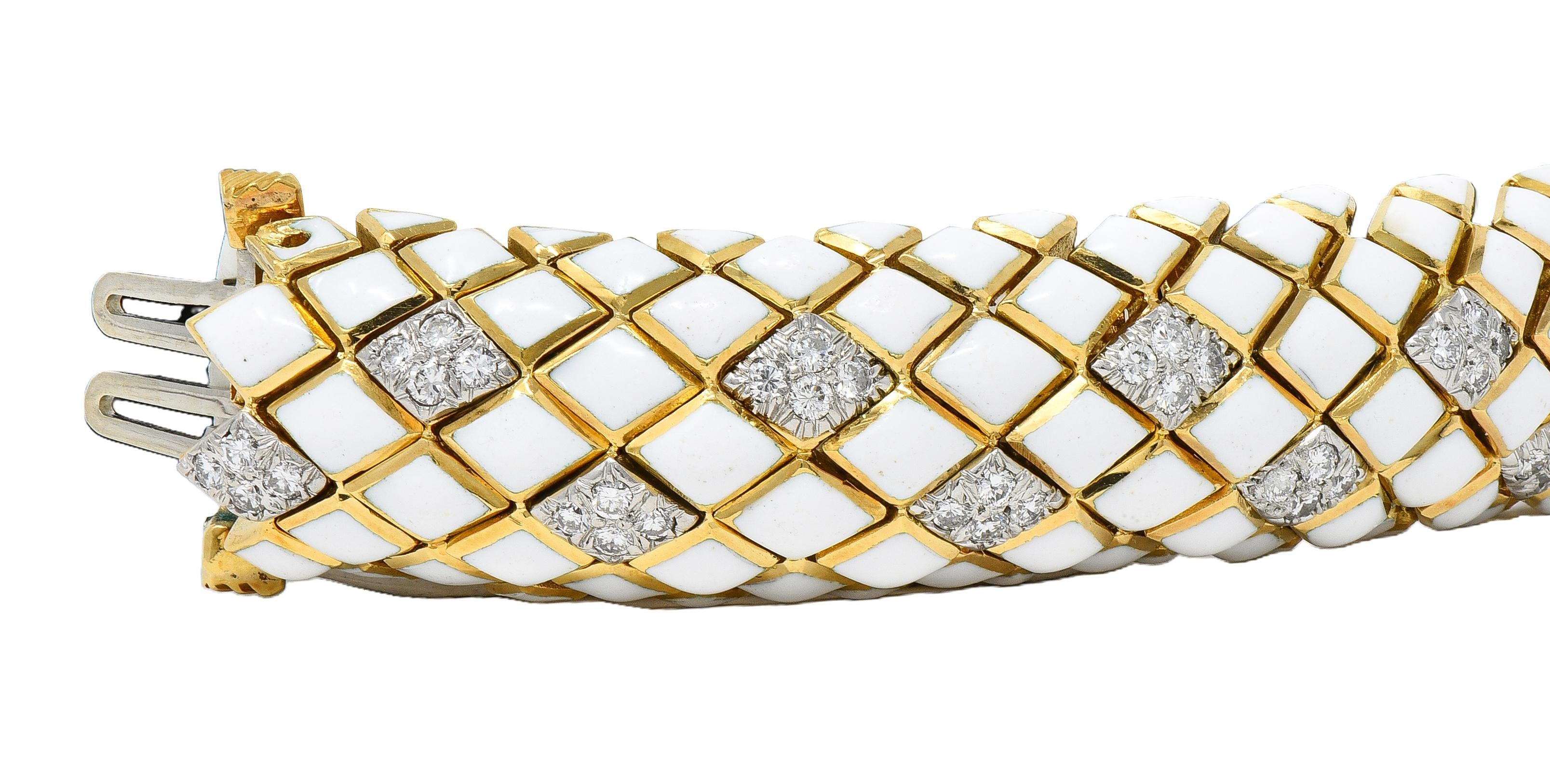 David Webb 1980's Diamond Enamel Platinum 18K Yellow Gold Harlequin Bracelet