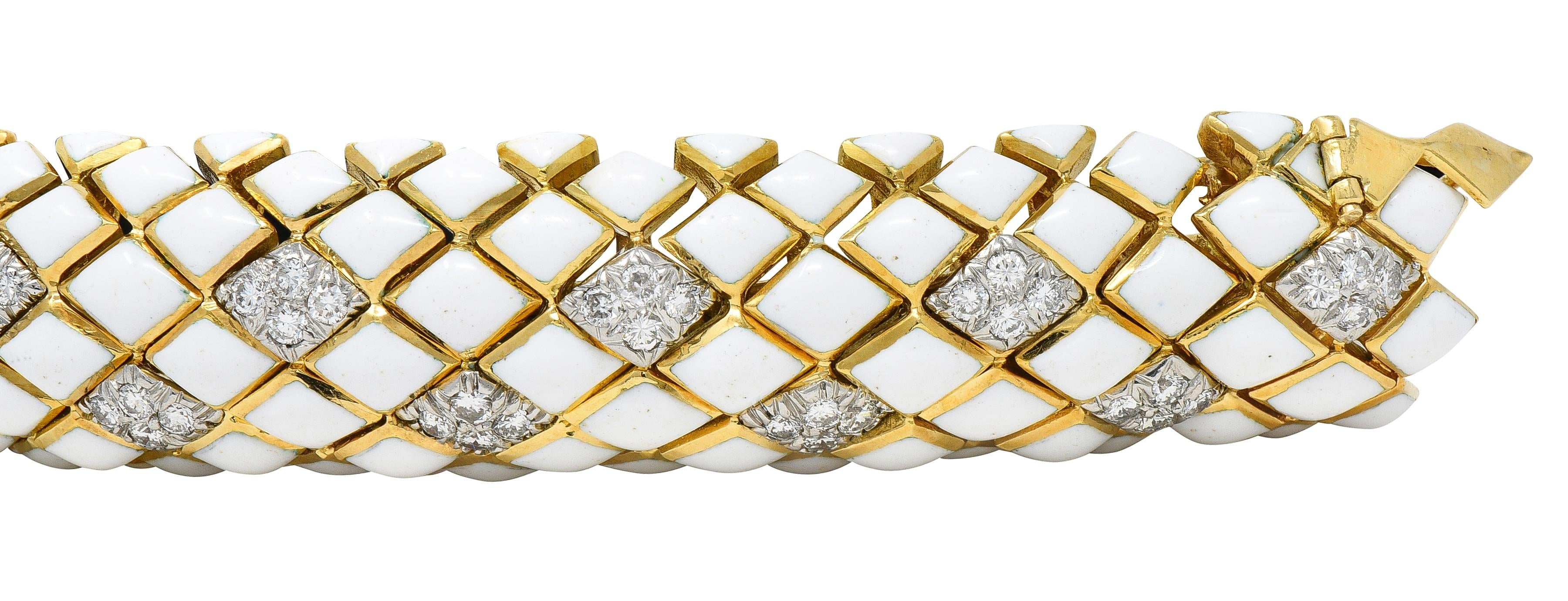 David Webb 1980's Diamond Enamel Platinum 18K Yellow Gold Harlequin Bracelet