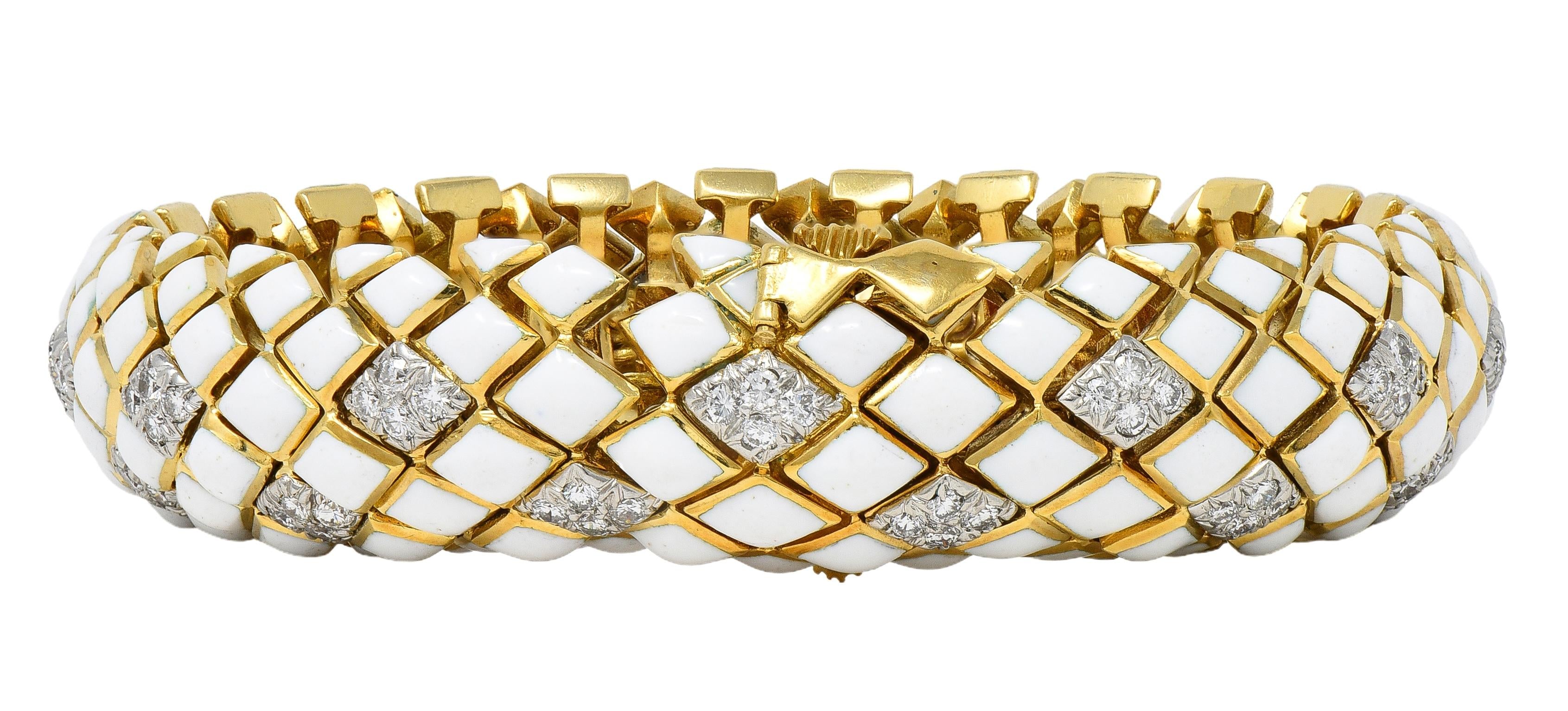 David Webb 1980's Diamond Enamel Platinum 18K Yellow Gold Harlequin Bracelet