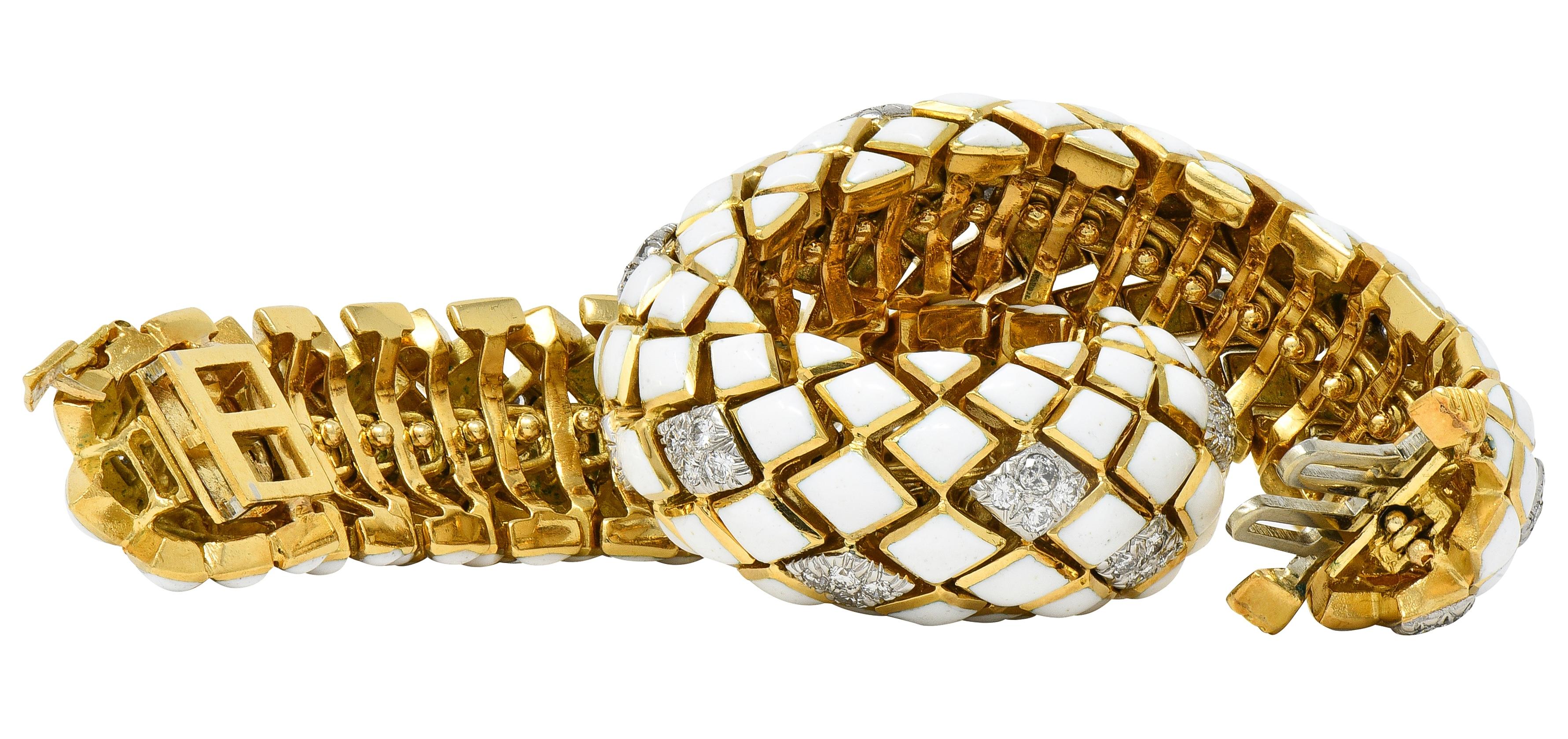 David Webb 1980's Diamond Enamel Platinum 18K Yellow Gold Harlequin Bracelet