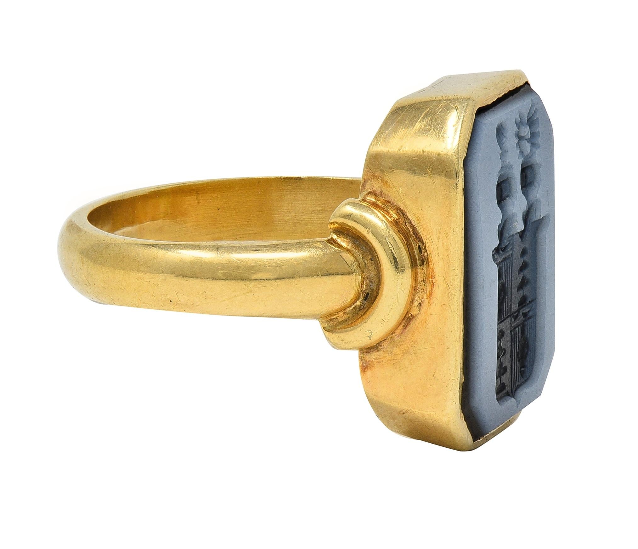 Victorian Blue Sardonyx 14K Yellow Gold Antique Heraldry Intaglio Signet Ring