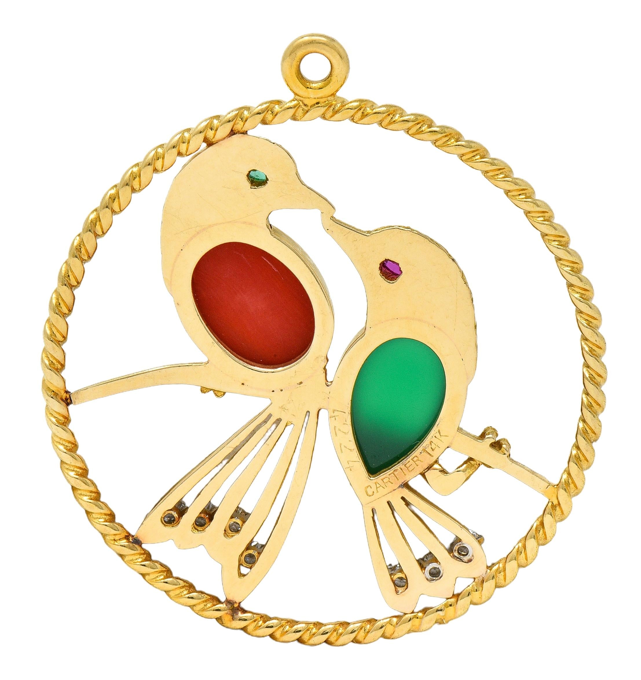 Cartier 1950's Multi-Gem Diamond Platinum 14K Gold Vintage Lovebirds Pendant