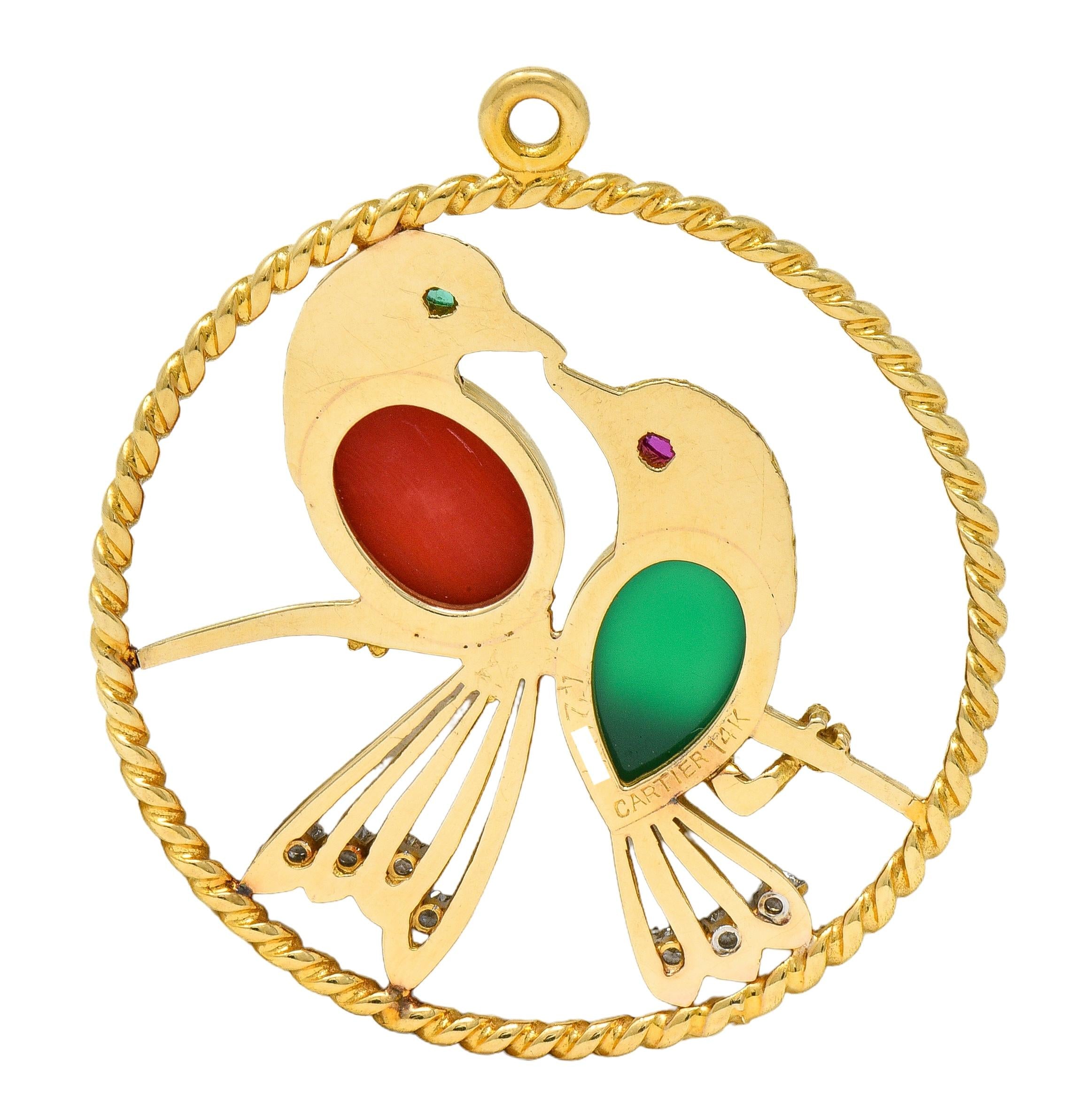 Cartier 1950's Multi-Gem Diamond Platinum 14K Gold Vintage Lovebirds Pendant
