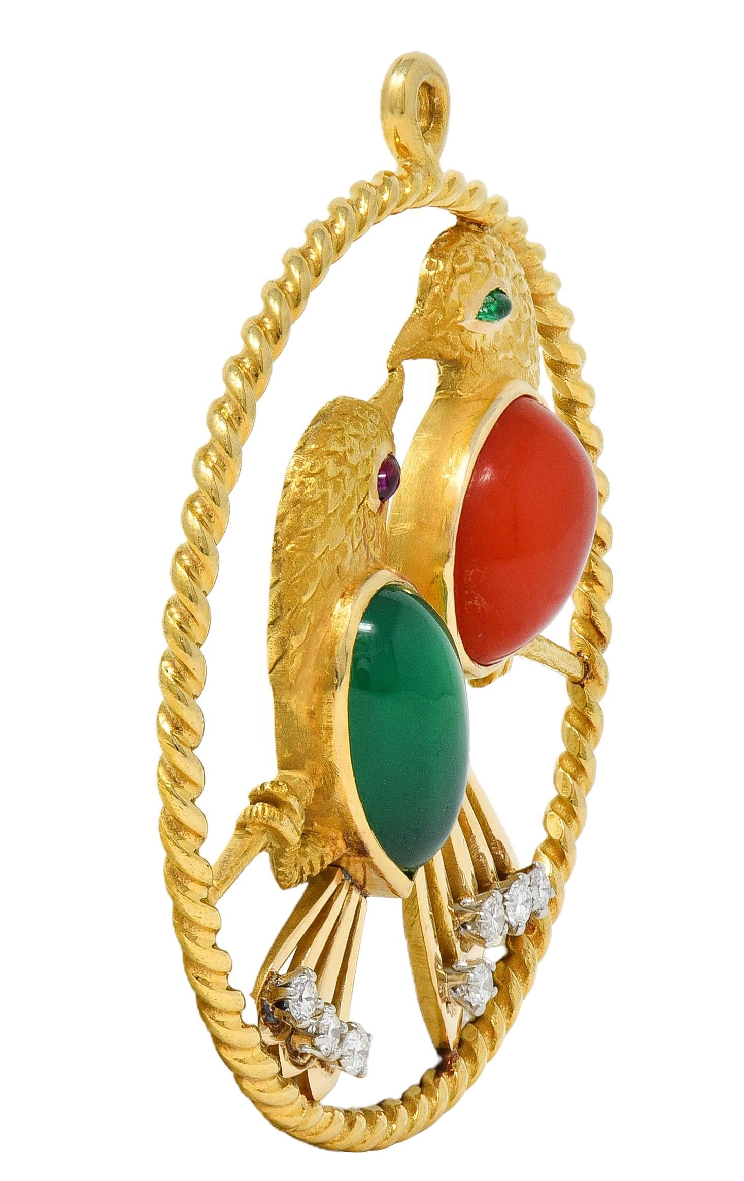 Cartier 1950's Multi-Gem Diamond Platinum 14K Gold Vintage Lovebirds Pendant