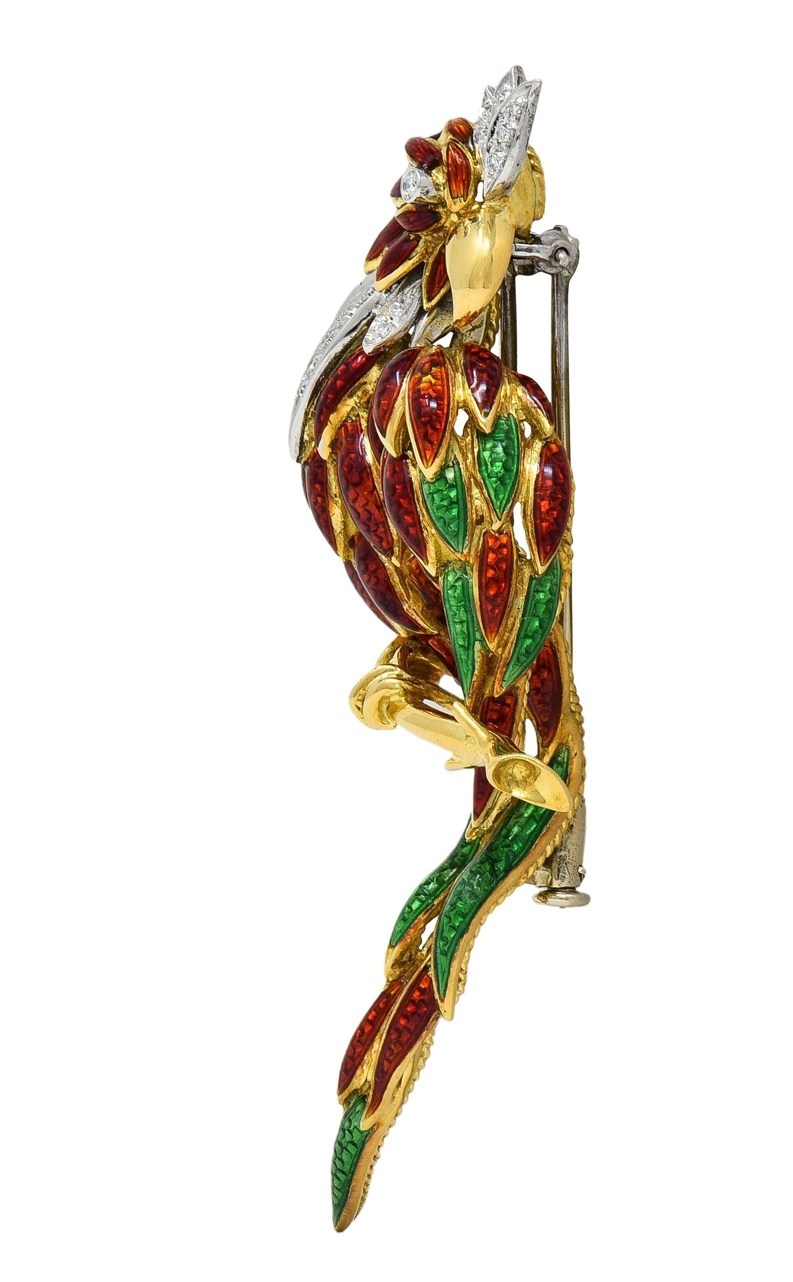 1980's Diamond Enamel 18 Karat Two-Tone Gold Vintage Parrot Brooch
