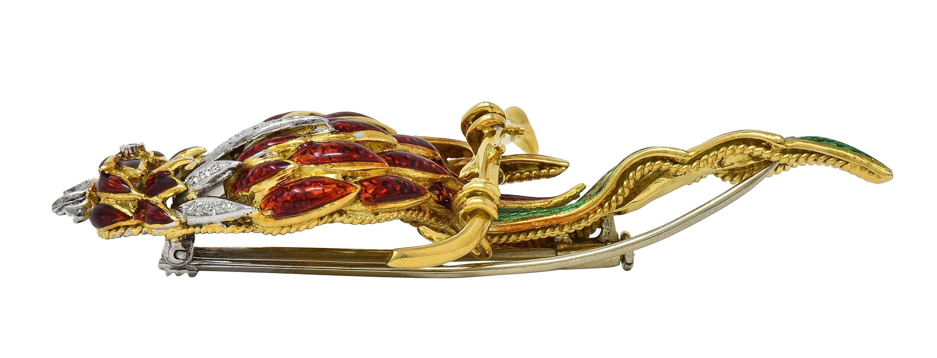 1980's Diamond Enamel 18 Karat Two-Tone Gold Vintage Parrot Brooch