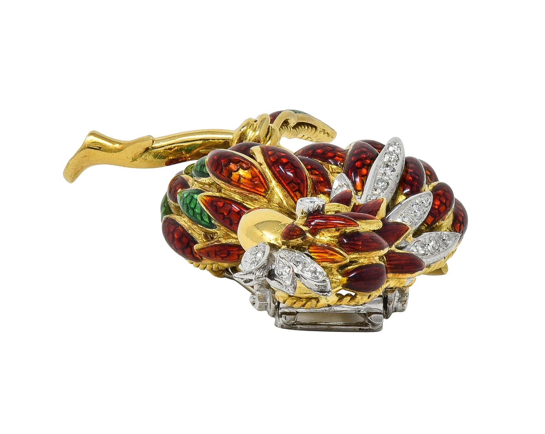 1980's Diamond Enamel 18 Karat Two-Tone Gold Vintage Parrot Brooch