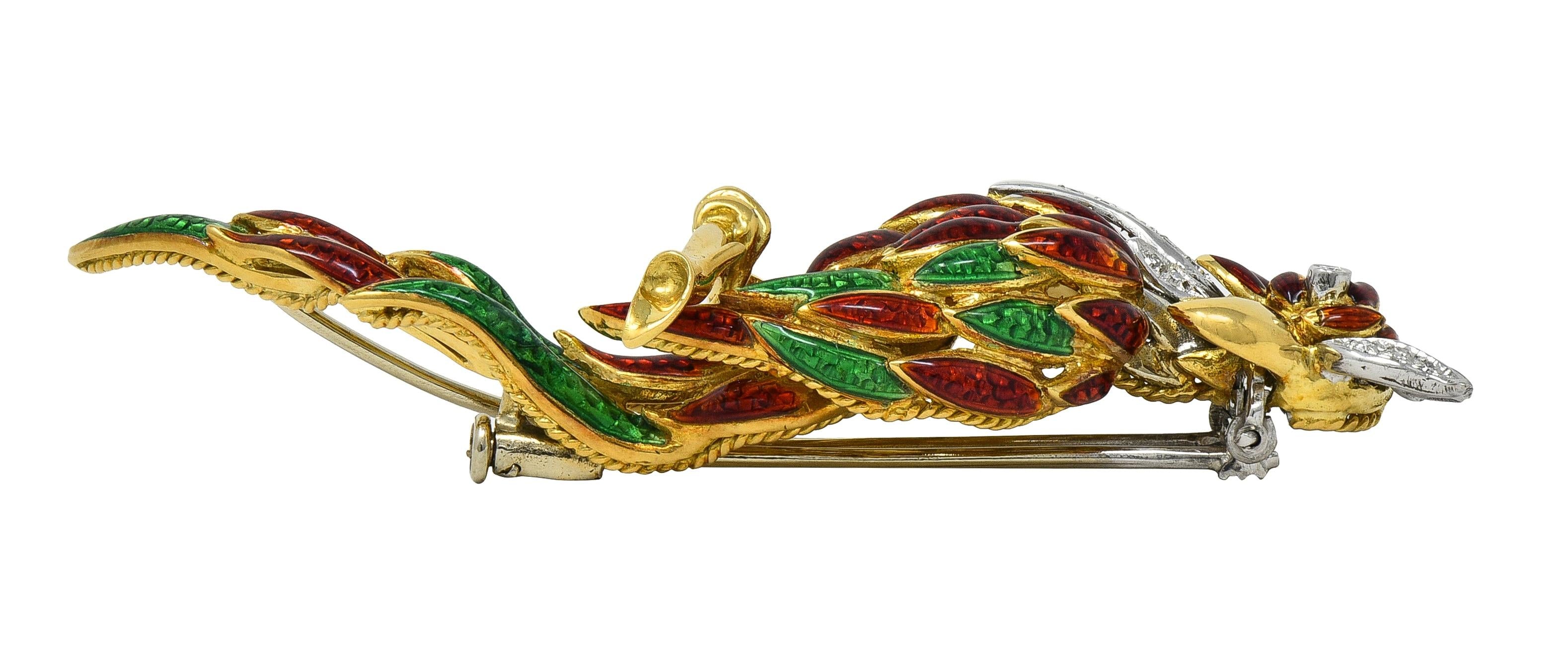 1980's Diamond Enamel 18 Karat Two-Tone Gold Vintage Parrot Brooch