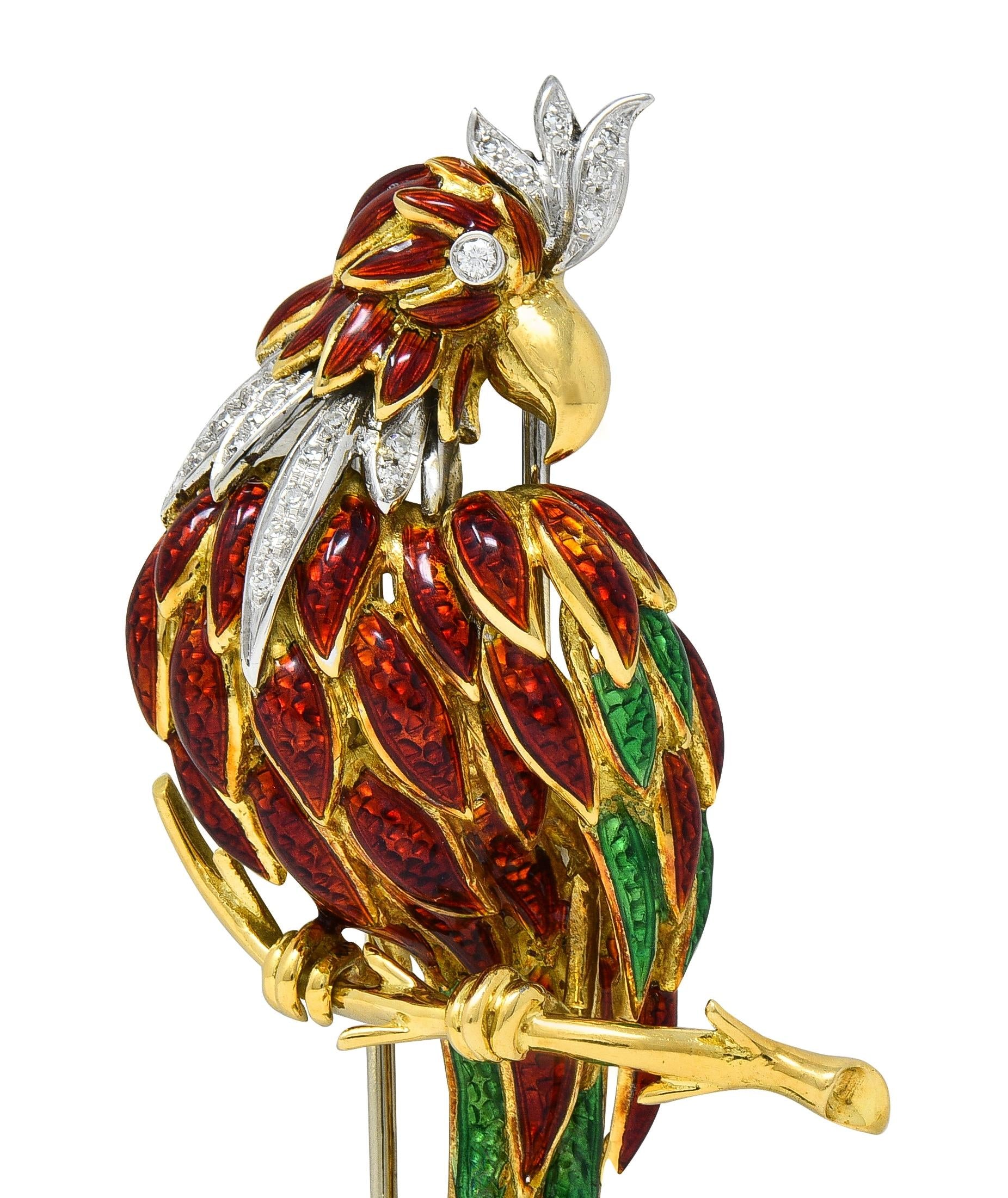 1980's Diamond Enamel 18 Karat Two-Tone Gold Vintage Parrot Brooch