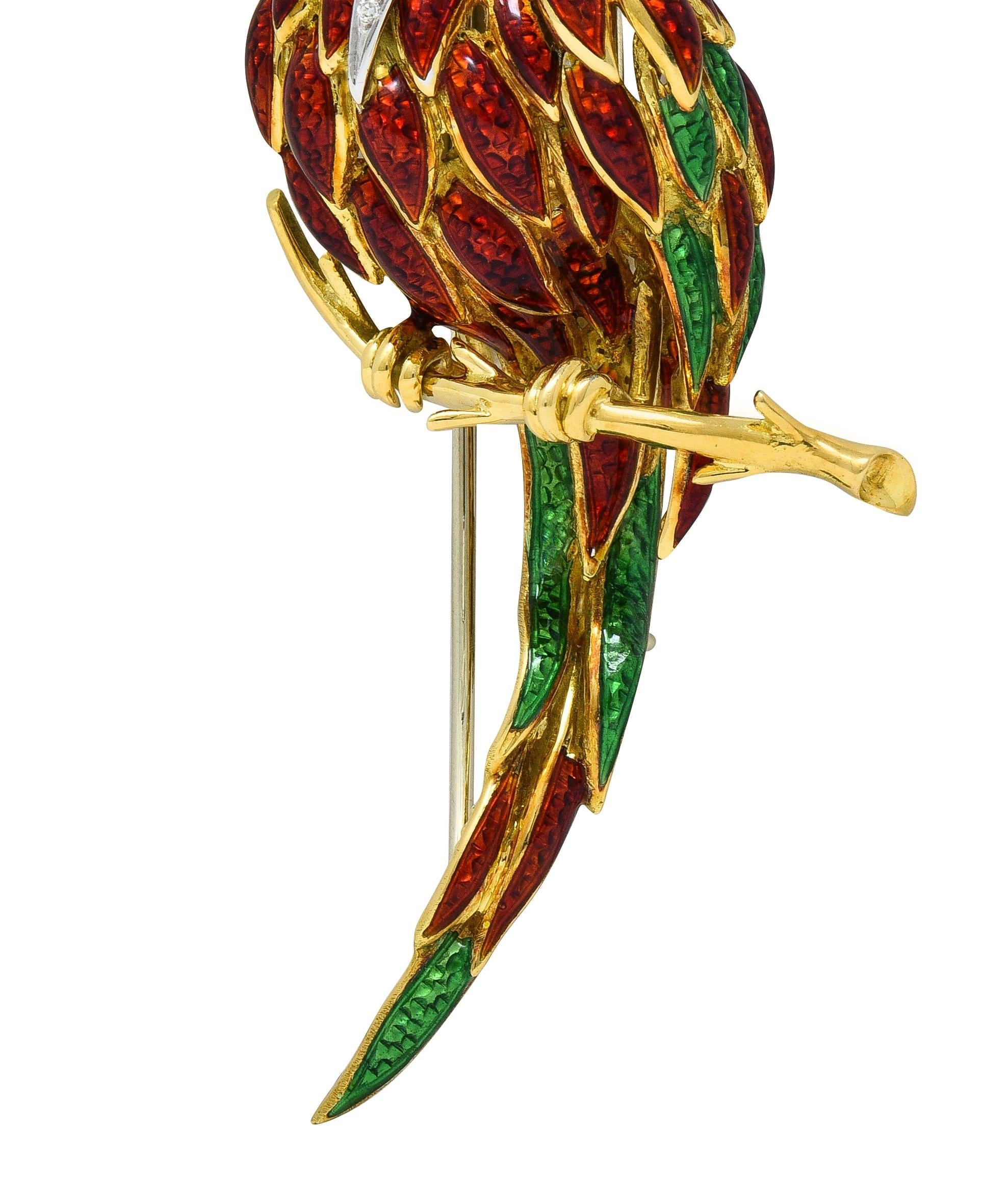 1980's Diamond Enamel 18 Karat Two-Tone Gold Vintage Parrot Brooch