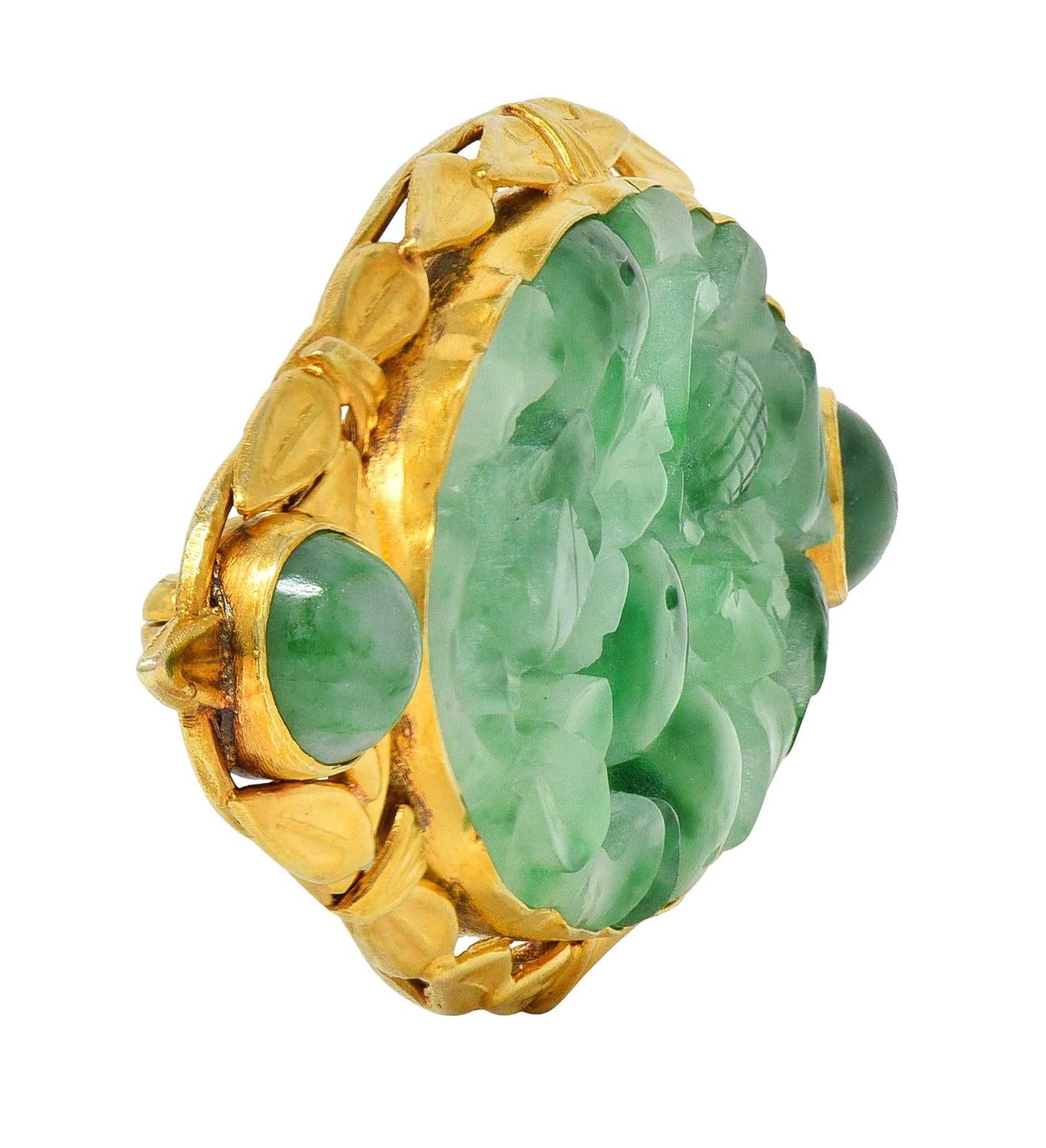 Early Art Deco Carved Jade 14 Karat Yellow Gold Antique Wheat Brooch