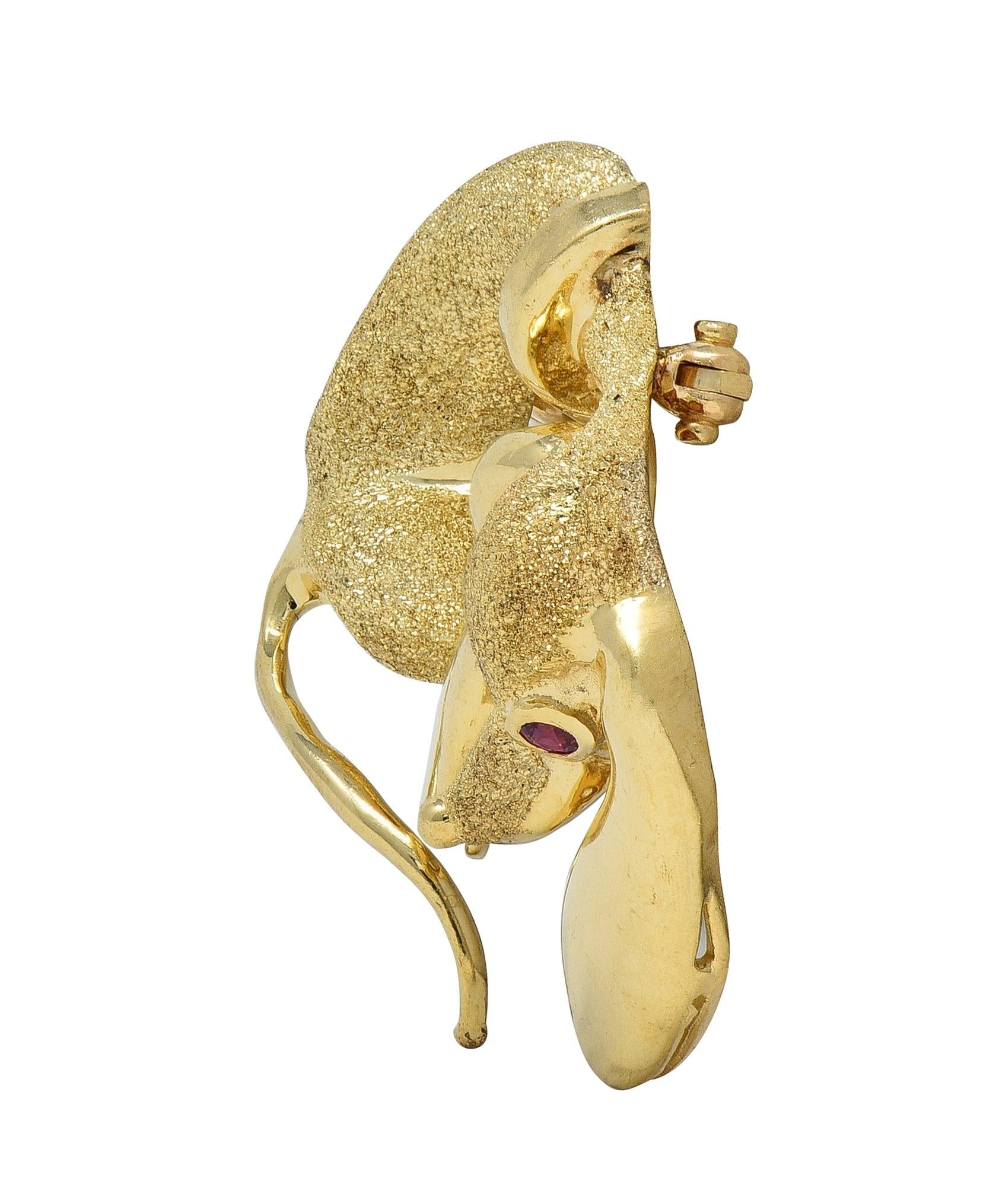 1960's Ruby 14 Karat Yellow Gold Vintage Dachshund Dog Brooch