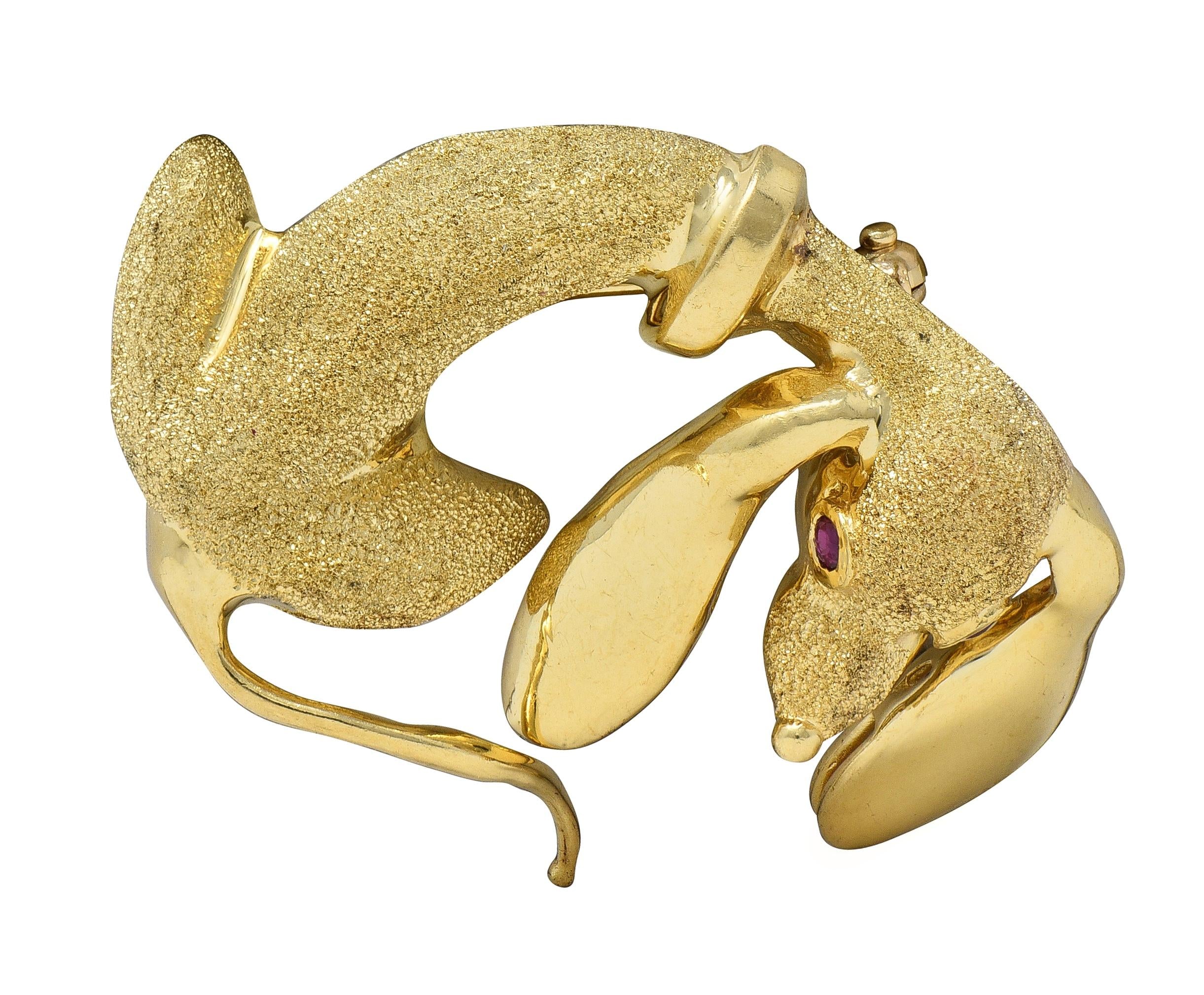 1960's Ruby 14 Karat Yellow Gold Vintage Dachshund Dog Brooch