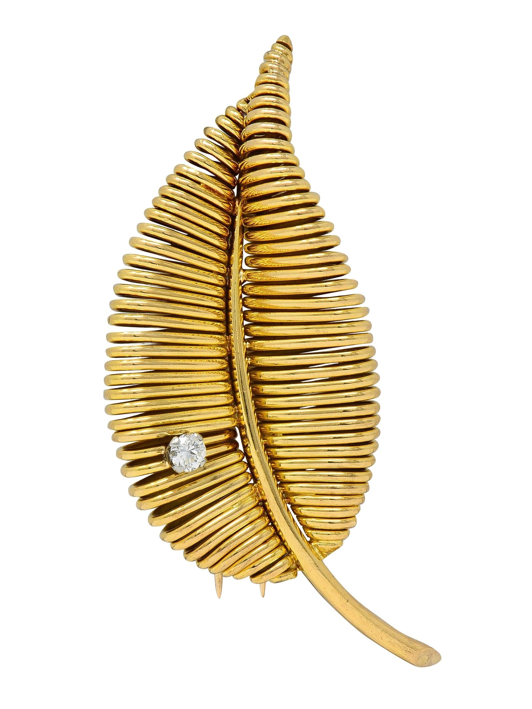 Mauboussin Paris Mid-Century Diamond Platinum 18 Karat Gold Vintage Leaf Brooch