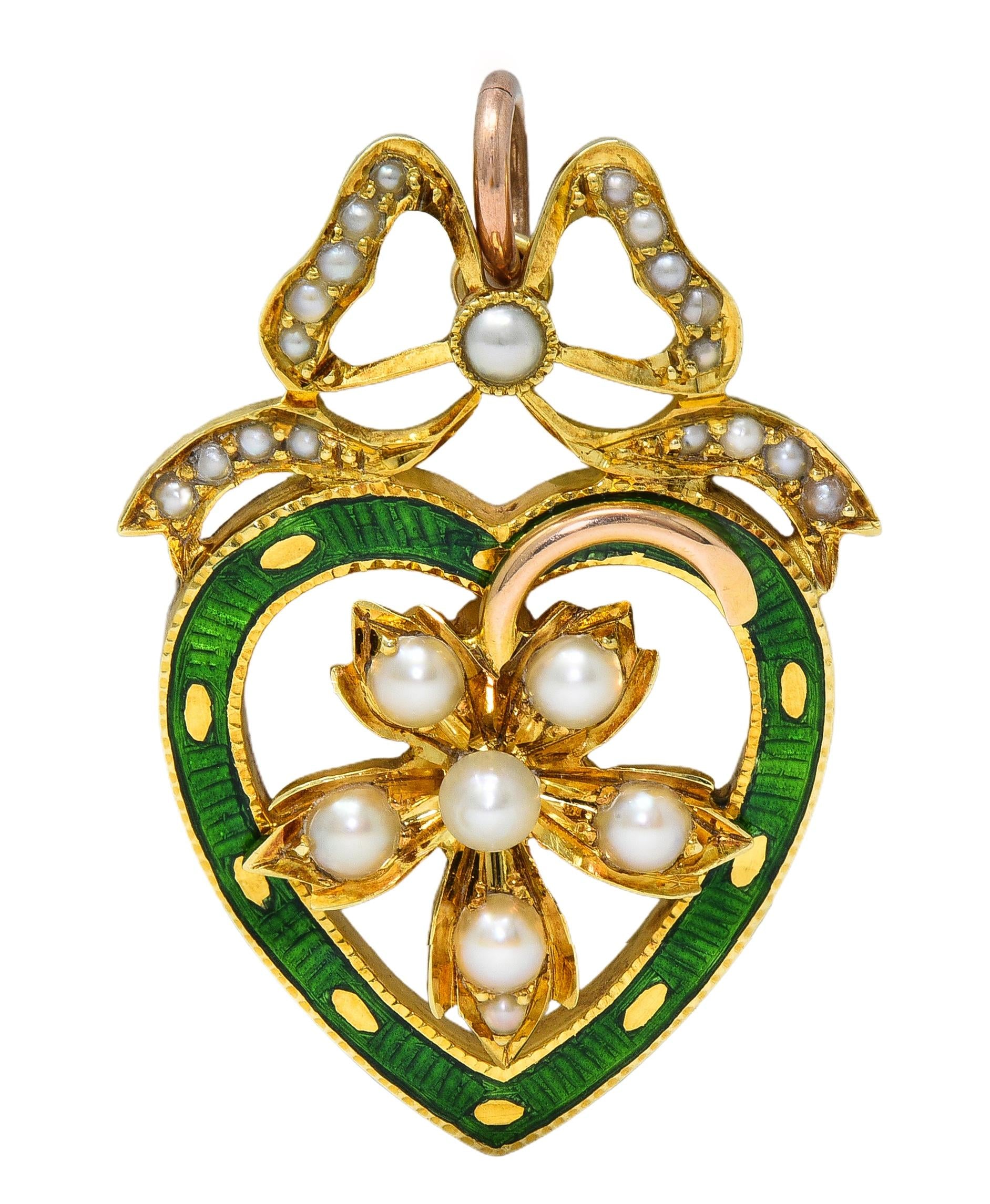 Edwardian Pearl Enamel 14 Karat Yellow Gold Antique Bow Heart Pendant