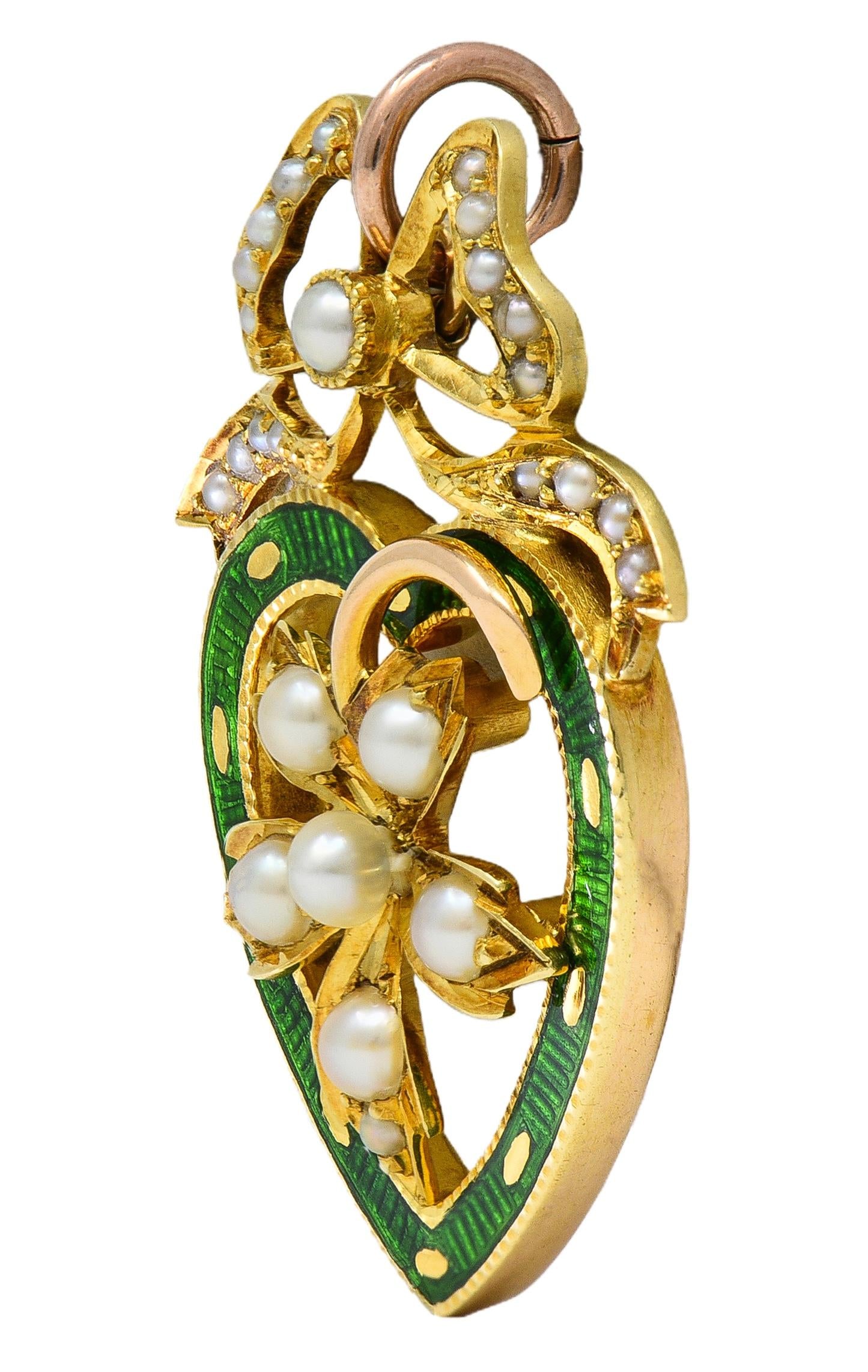 Edwardian Pearl Enamel 14 Karat Yellow Gold Antique Bow Heart Pendant