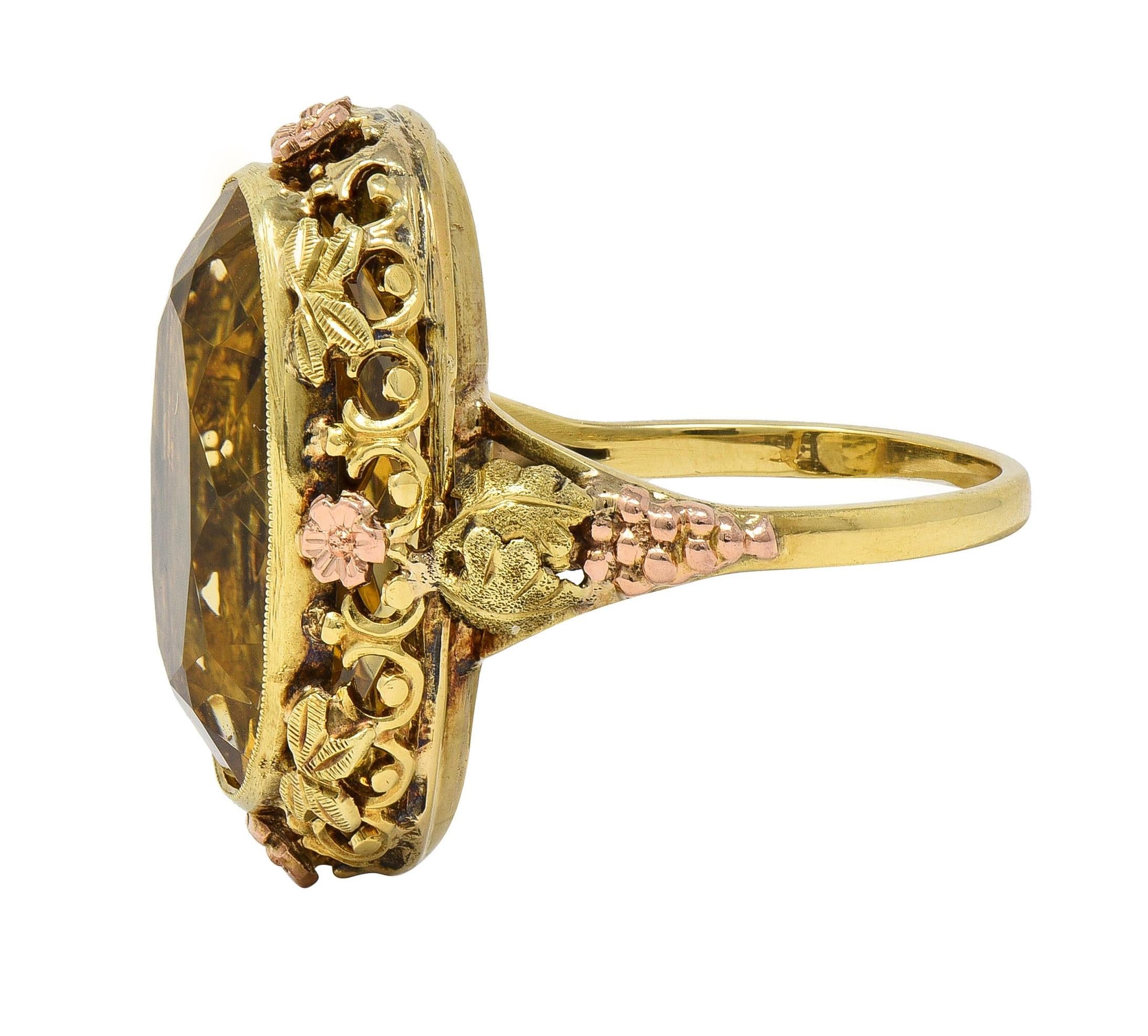 Art Deco 11.55 Citrine 14 Karat Two-Tone Gold Antique Grapevine Cocktail Ring