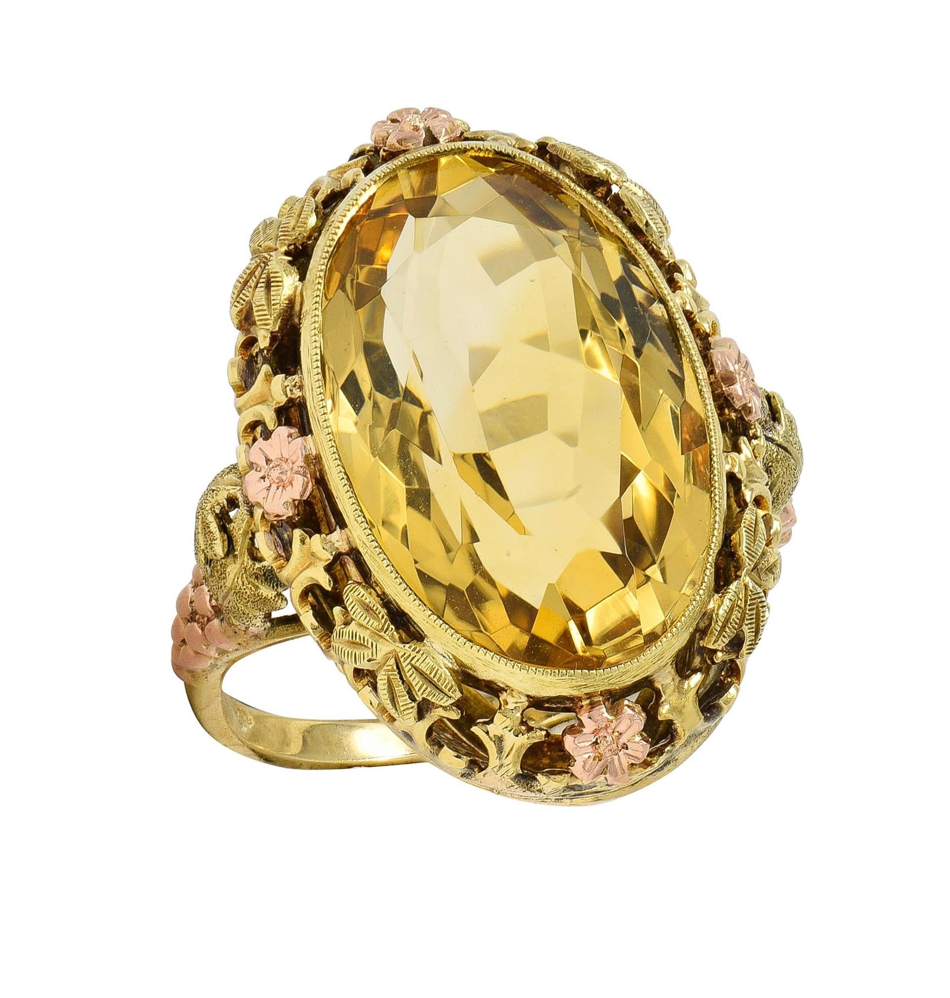 Art Deco 11.55 Citrine 14 Karat Two-Tone Gold Antique Grapevine Cocktail Ring