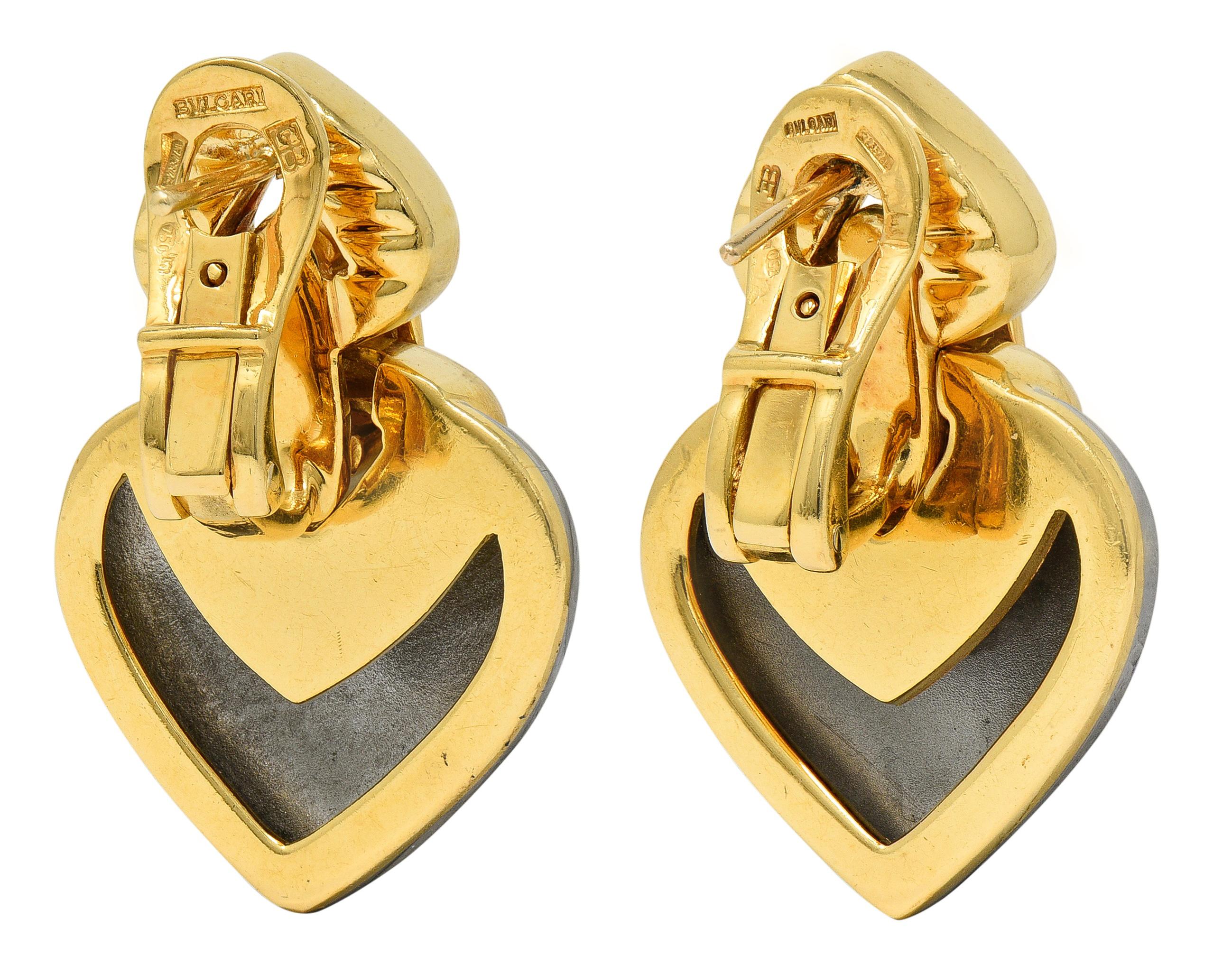Bulgari 1990's 18K Gold Stainless Steel Vintage Doppio Cuore Heart Earrings