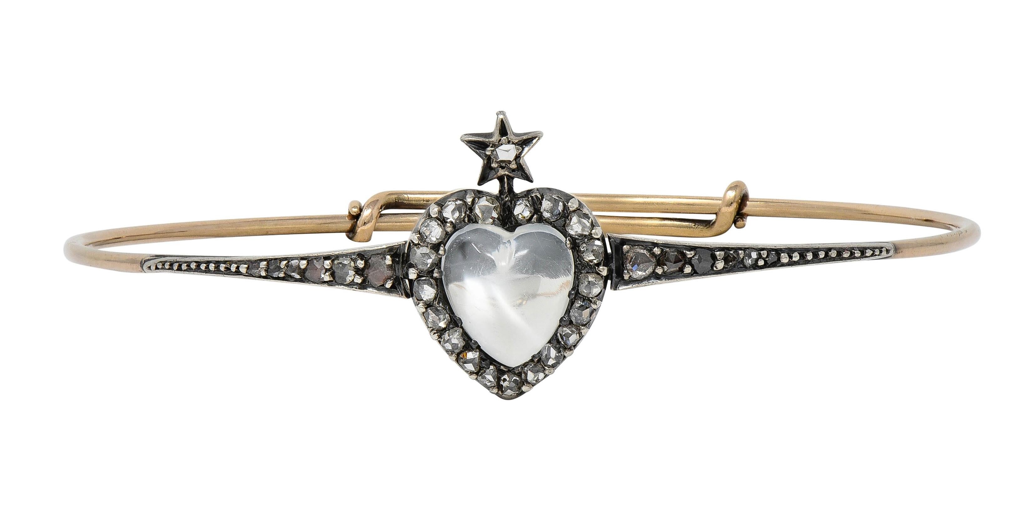 Victorian Moonstone Diamond 14K Gold Silver Heart Star Antique Bangle Bracelet