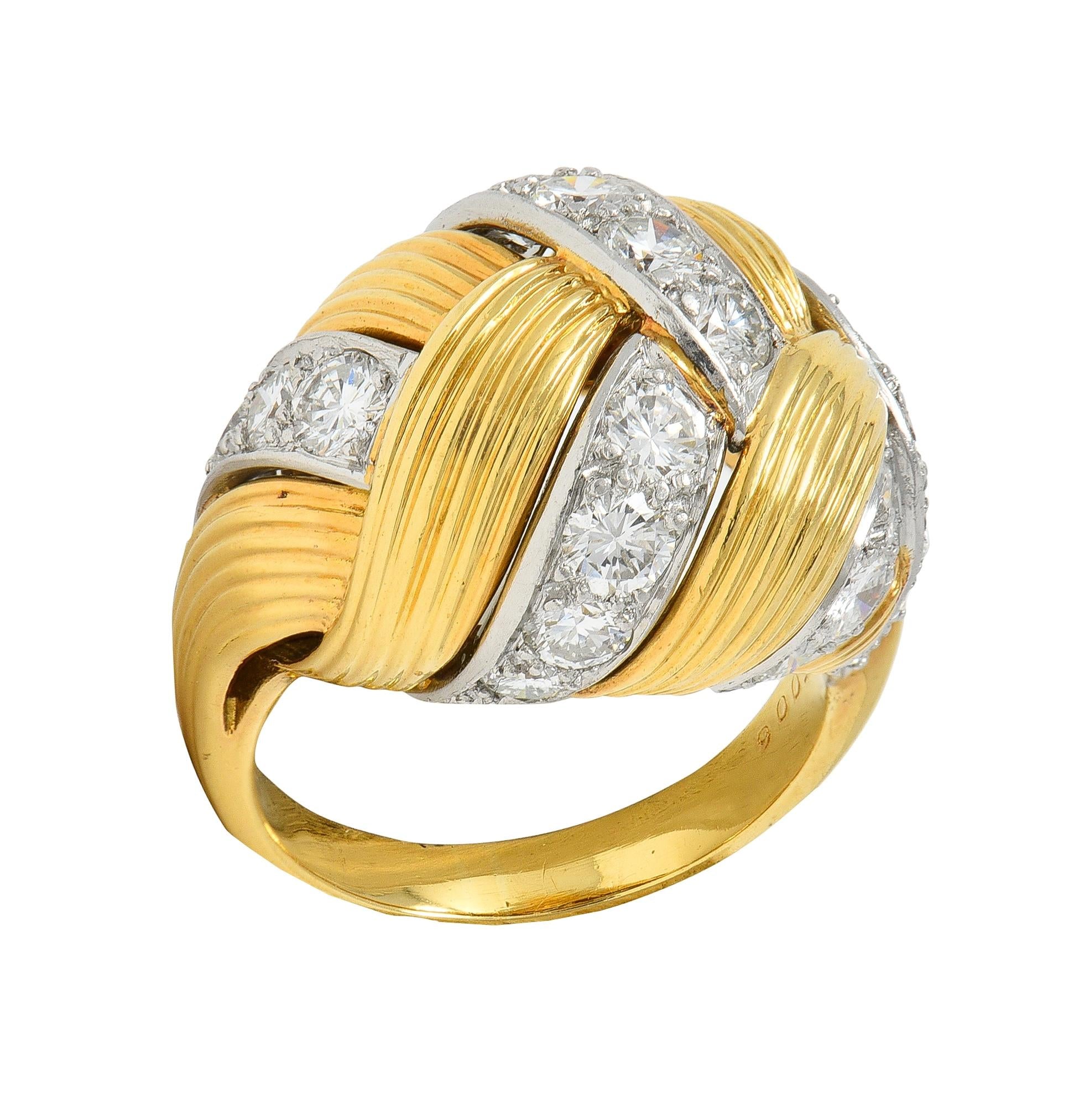 Cartier French 1950's 2.55 CTW Diamond Platinum 18K Gold Vintage Woven Dome Ring